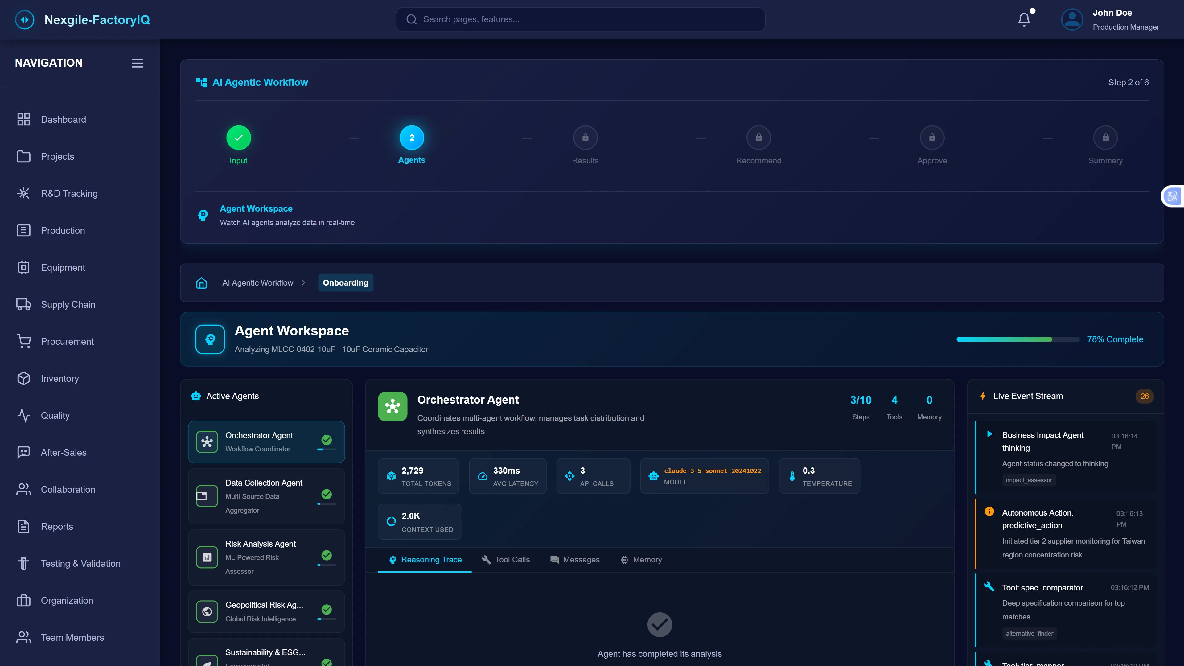 AI Agentic Workflow - Agent Workspace - Real-time monitoring of multi-agent collaboration at step 2 of 6, showing 78% completion progress. The active agents panel displays Orchestrator, Data Collection, Risk Analysis, Geopolitical Risk, and Sustainability & ESG agents, all with completion status. The Orchestrator Agent details show 3/10 reasoning steps, 4 tools utilized, 0 memory items, using Claude-3-Opus model with 4,096 max tokens at 0.7 temperature. Live event stream captures agent activities including Business Impact Agent thinking, autonomous actions for predictive analysis, tool-specific comparator operations, and alternative finder tasks.