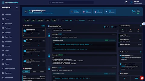 Project Rescue Agent Workspace - Real-time multi-agent collaboration interface displaying mission MISSION-176788523110B in agent-workspace phase. System metrics show 1311ms average latency, 42/s tokens per second, 1/2 cache hits, and 67% tool success rate with progress at 32% complete (0 tokens processed of $0.00 cost). Active system integrations are displayed (MES, ERP, IoT Hub, QMS, PLM). The Agent Orchestra panel lists active agents with status indicators: Mission Orchestrator (IDLE - 0 tokens, 2 steps, 0 tools), Data Analyst (IDLE - 0 tokens, 7 steps, 3 tools), Root Cause Investigator (IDLE - 0 tokens, 0 steps, 0 tools), Solution Architect (IDLE - 0 tokens, 0 steps, 0 tools), and Memory Store (Working, Episodic, Semantic - showing MES query results with 1,247 records analyzed). The ReAct Reasoning Trace panel shows the observe-think-act-result loop with Data Analyst actions including database ERP lookup queries for schedule and resource data, sensors IoT sensor reads for SMT equipment data, and detailed input/output payloads. Tool execution log displays factory MIS query, database ERP lookup, and sensors IoT sensor read events. Live telemetry panel shows 5 data sources accessing 1,247 records. The A2A Protocol section tracks agent communication with Mission Orchestrator delegating data gathering to Data Analyst.
