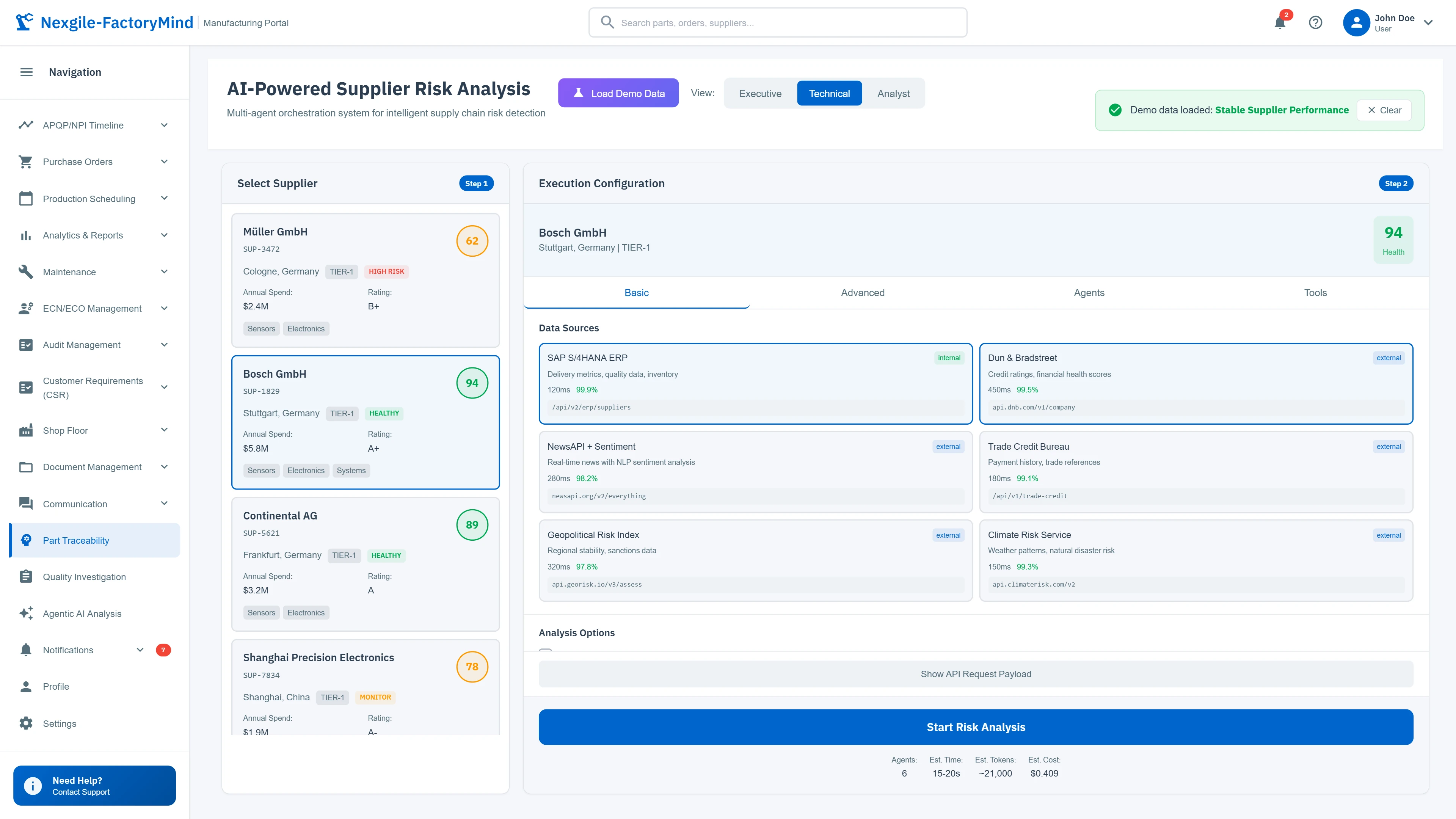 Supplier selection and data source configuration wizard with multi-tier network view