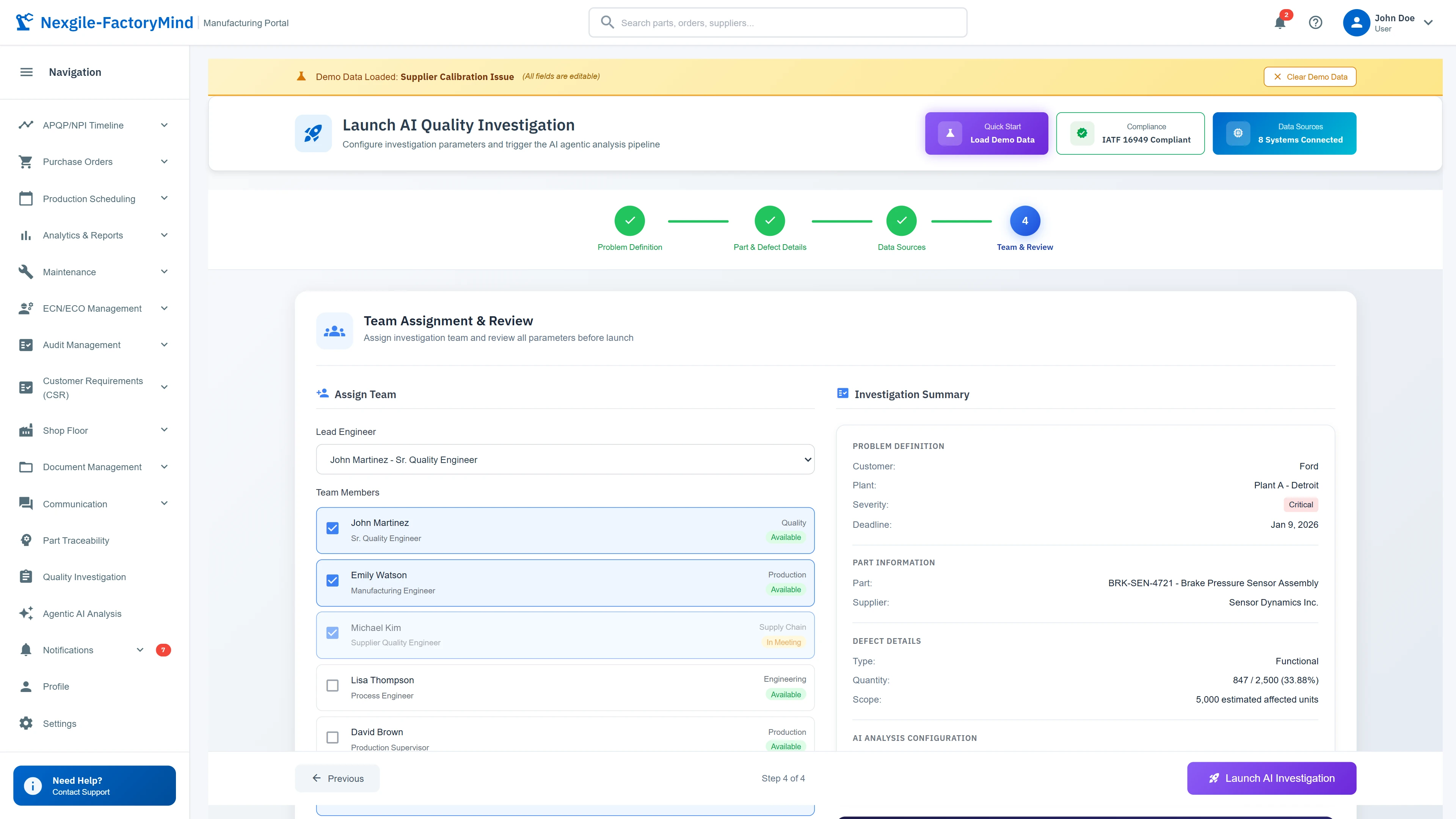 Quality investigation setup wizard with team assignment and IATF 16949 compliance