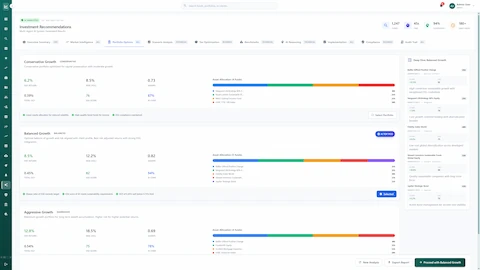 Portfolio Options comparison interface presenting Conservative (6.2% return), Balanced Growth (8.5% return, AI TOP PICK), and Aggressive Growth (12.8% return) portfolios with detailed fund allocations, ESG scores, Sharpe ratios, and deep-dive analysis of individual fund holdings
