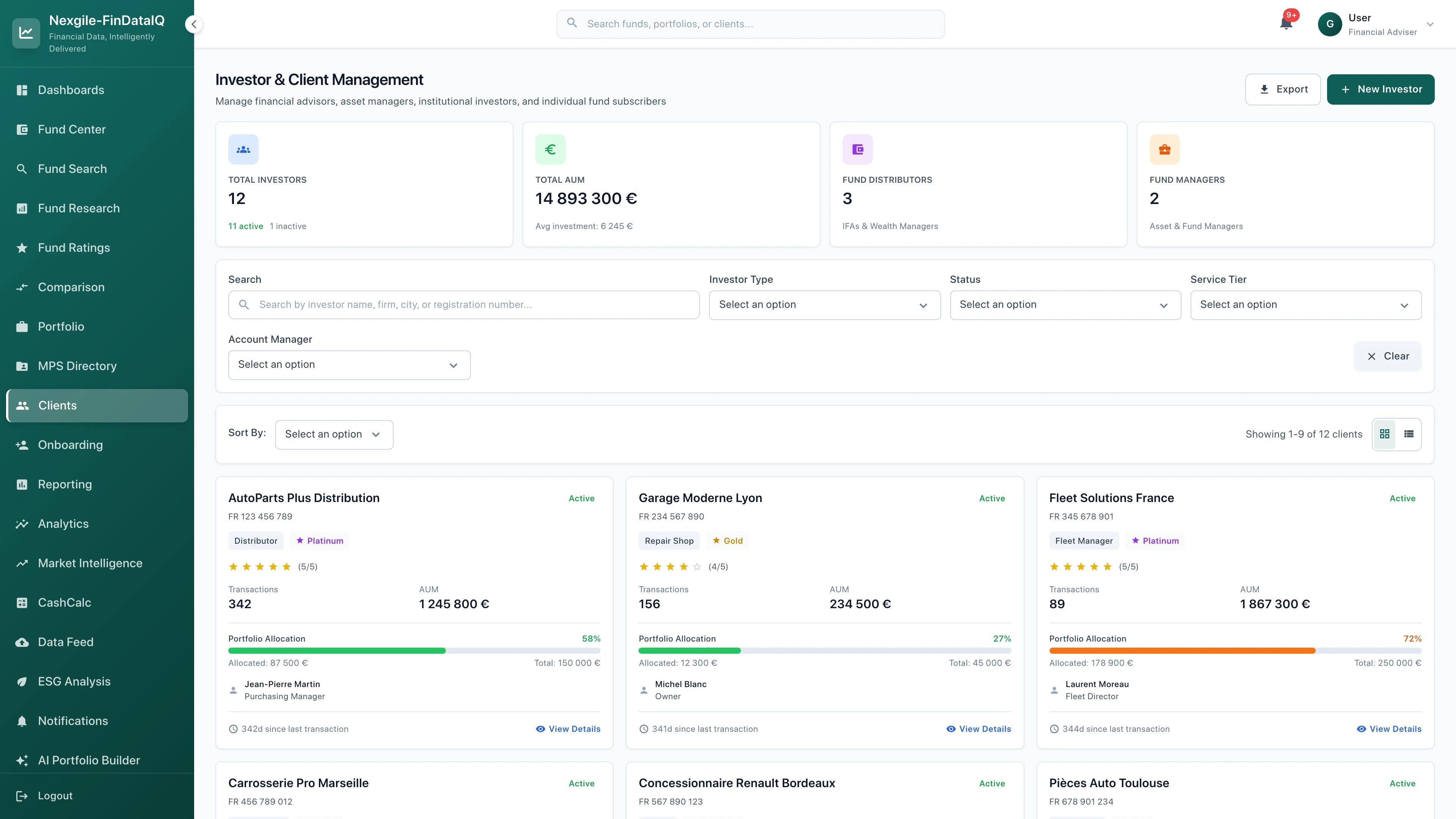 Clients management interface - comprehensive view of client portfolios and relationships