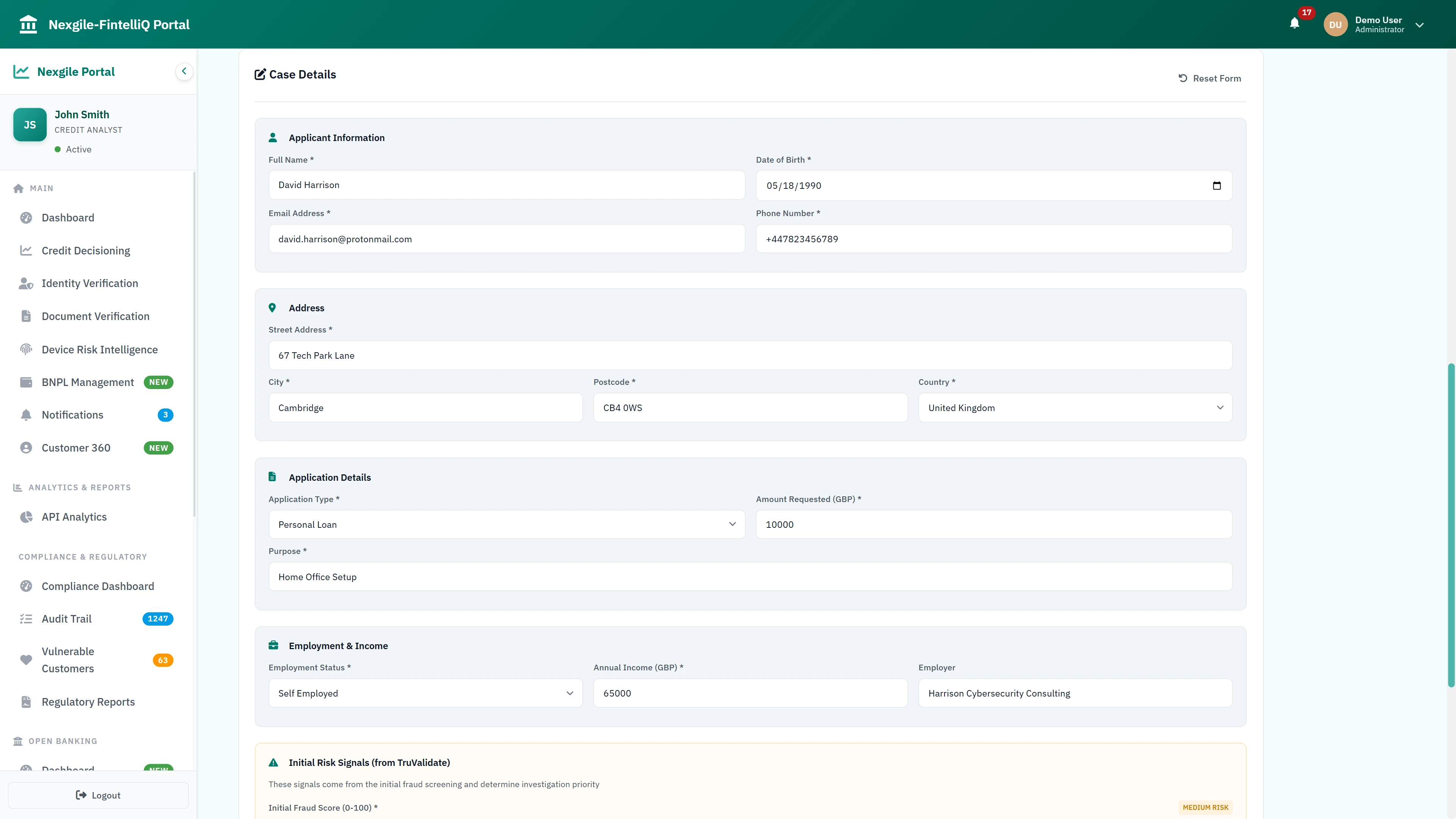 Fraud Case Details - Comprehensive case intake form capturing applicant information, address, application details, employment data, and initial risk signals