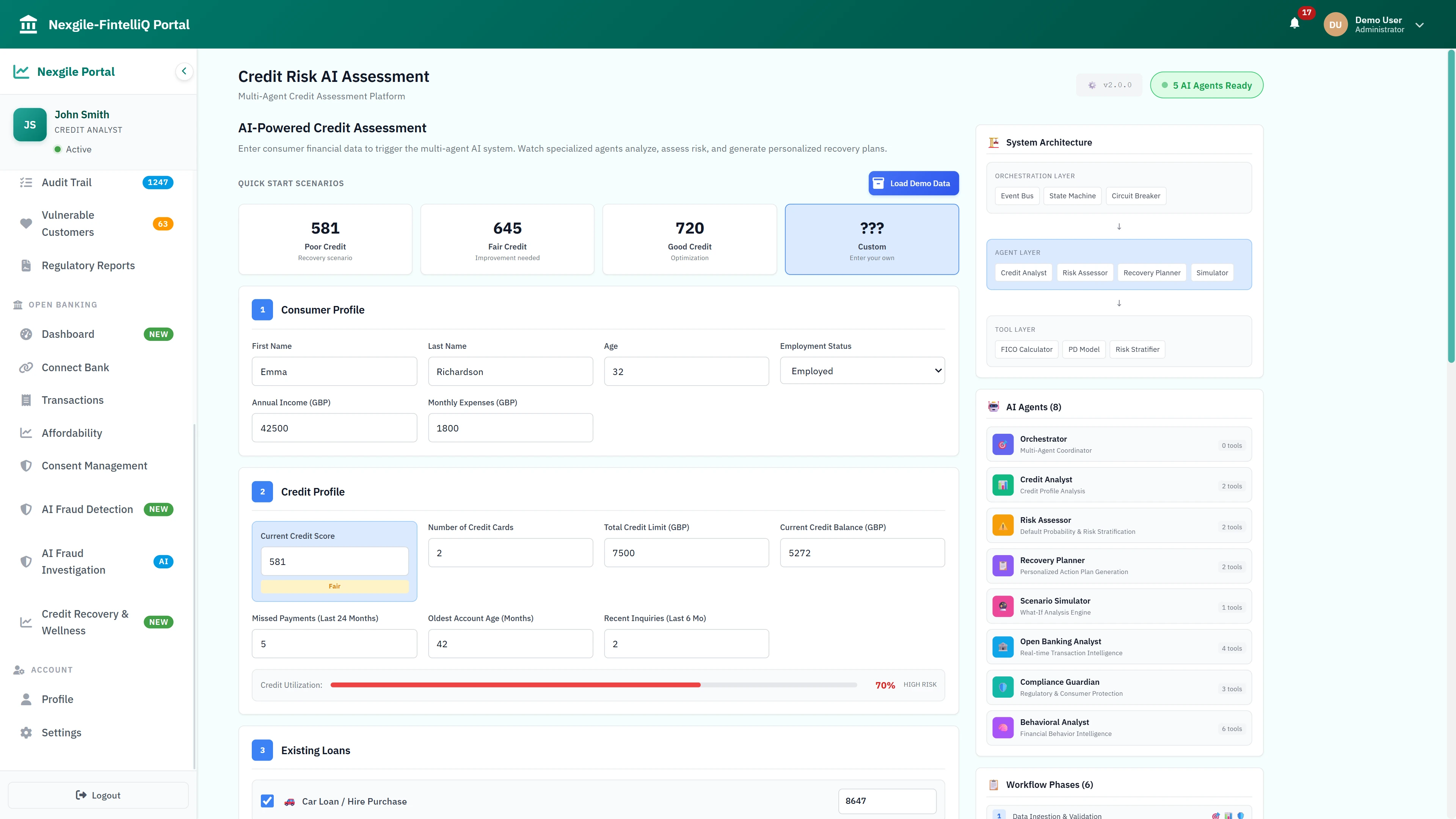 Credit Risk AI Assessment - Consumer profile input with credit score 581, credit profile details showing 70% utilization, and 8 AI agents with workflow phases