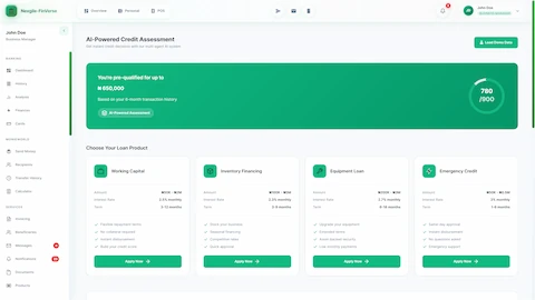 AI Credit Assessment landing page displaying pre-qualification amount (₦650,000), credit score gauge (780/900), and loan product catalog featuring Working Capital, Inventory Financing, Equipment Loan, and Emergency Credit options with terms and rates
