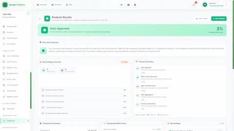 Analysis Results screen displaying Auto-Approved decision with 3% composite risk score, executive summary confirming low-risk transaction, key findings overview (7 green flags, 2 verifications), and process summary timeline showing data ingestion through decision generation