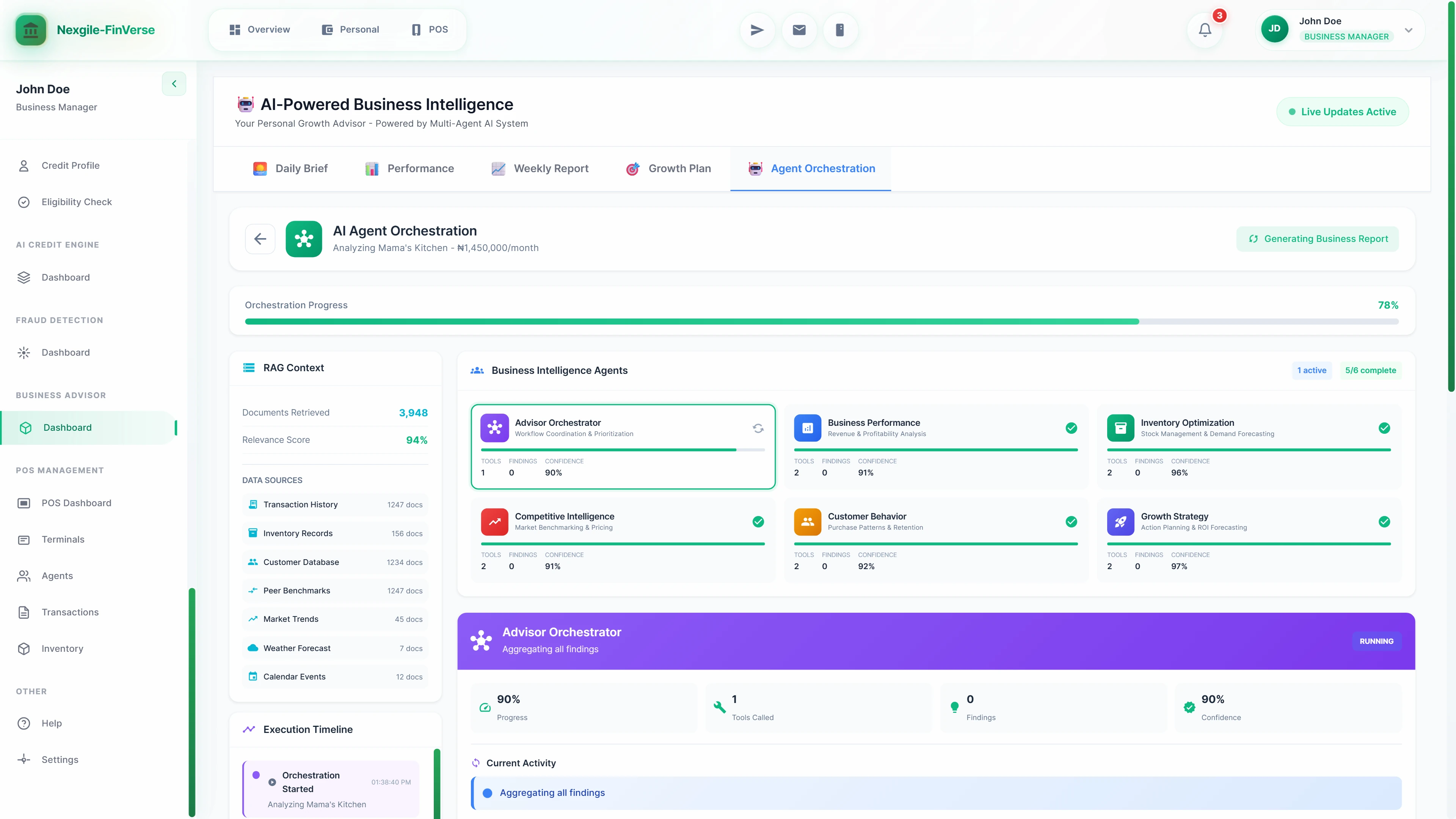 AI Agent Orchestration view showing six business intelligence agents (Advisor Orchestrator, Business Performance, Inventory Optimization, Competitive Intelligence, Customer Behavior, Growth Strategy) with RAG context retrieving 3,948 documents and 94% relevance score from multiple data sources
