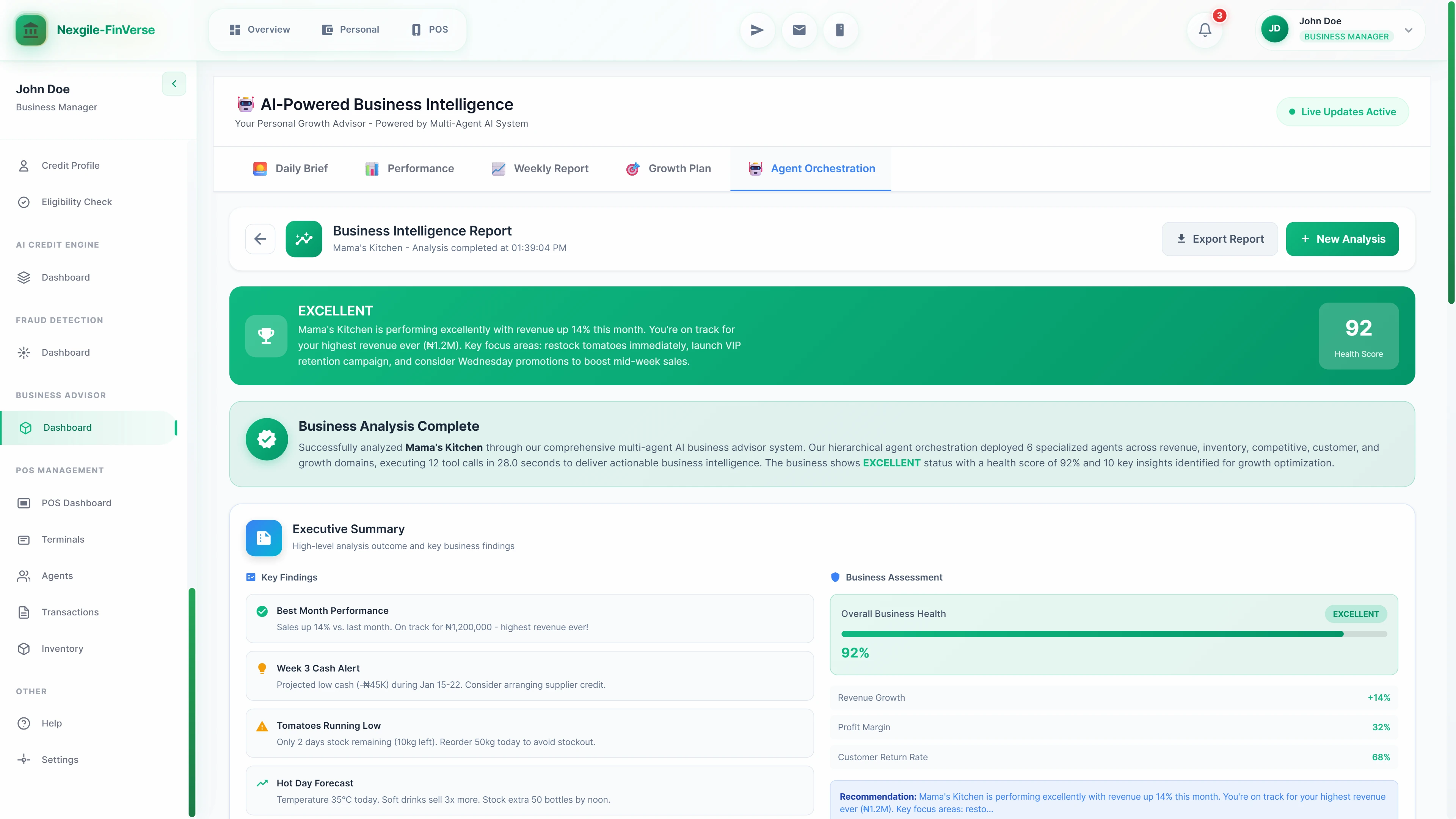 Business Intelligence Report displaying EXCELLENT health score (92/100), executive summary with 14% revenue growth, key findings including cash flow alerts and inventory warnings, and business assessment metrics with actionable recommendations for growth optimization