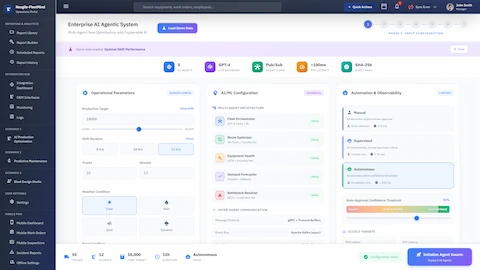 Input Configuration phase showing operational parameters setup with production targets, shift duration, fleet sizing, multi-agent architecture configuration featuring 5 AI agents, and automation controls with adjustable auto-approval confidence thresholds.