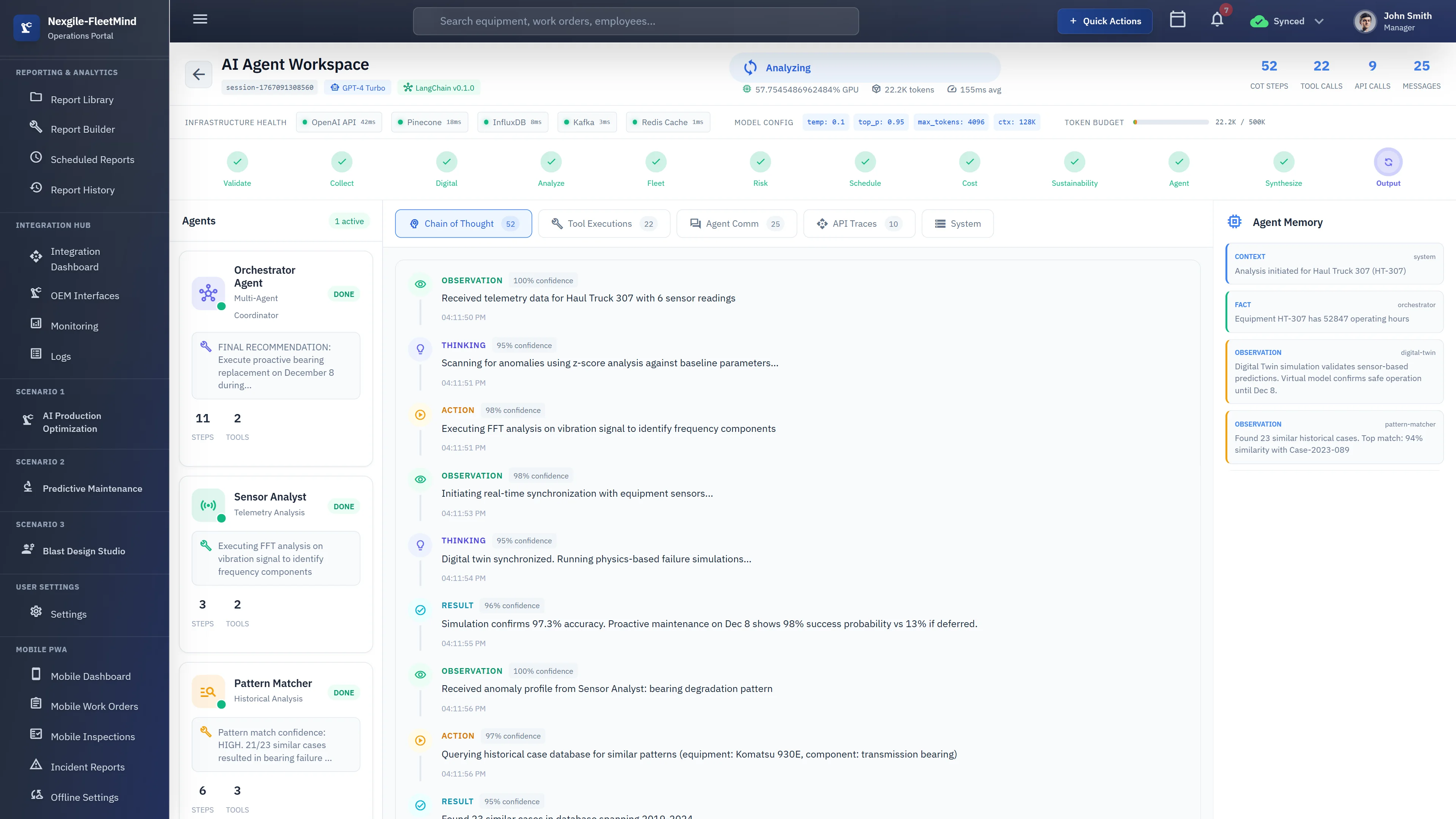 AI Agent Workspace showing agents executing ReAct reasoning loops with real-time thought processes, observations, and actions displayed alongside agent memory panel tracking reasoning chains, tool invocations, and inter-agent coordination status.