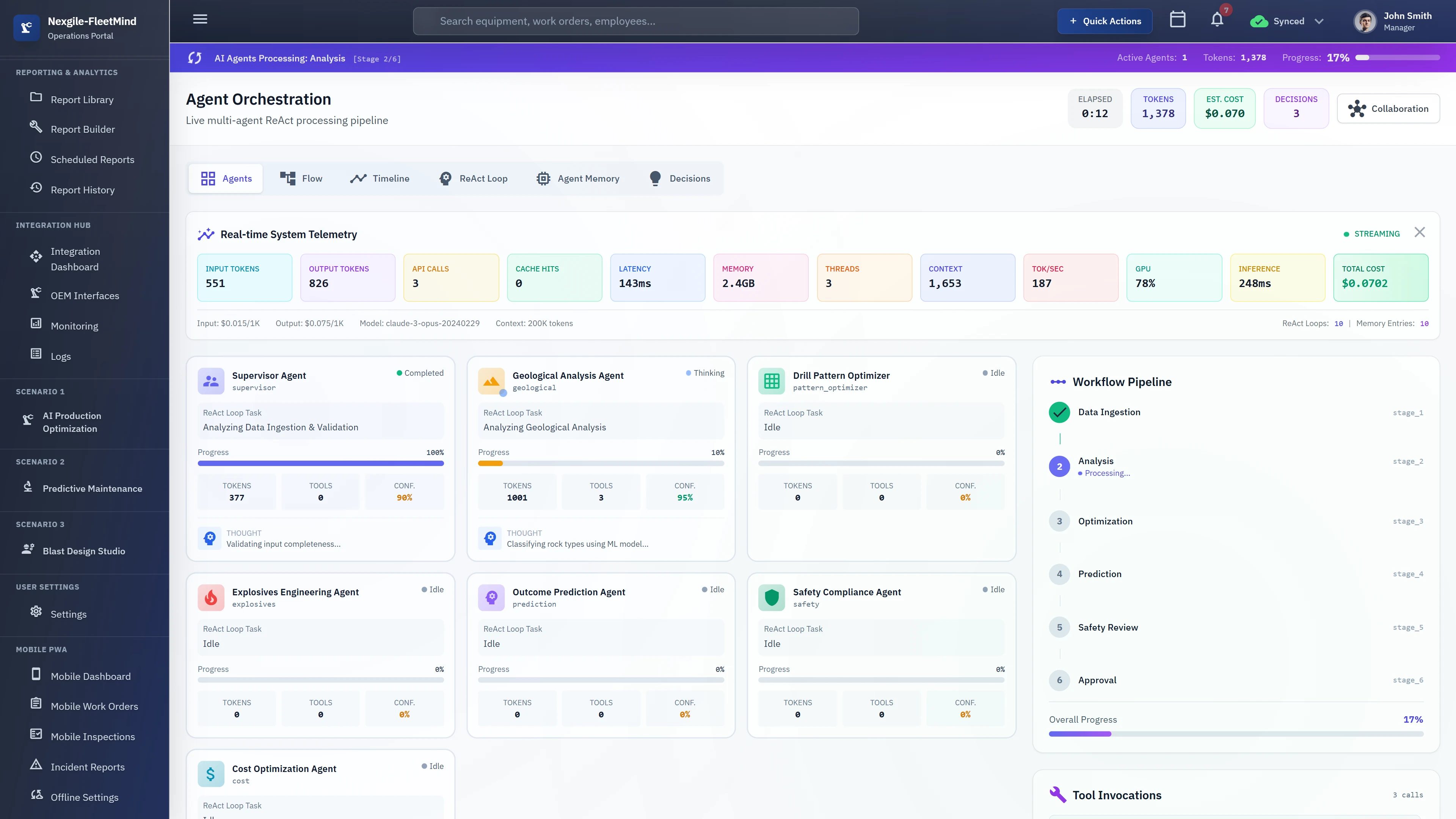 Agent Orchestration view displaying live multi-agent ReAct processing pipeline with real-time system telemetry including token usage, API calls, latency metrics, multiple specialized agents executing tasks with progress tracking, workflow pipeline stages, and tool invocation monitoring.