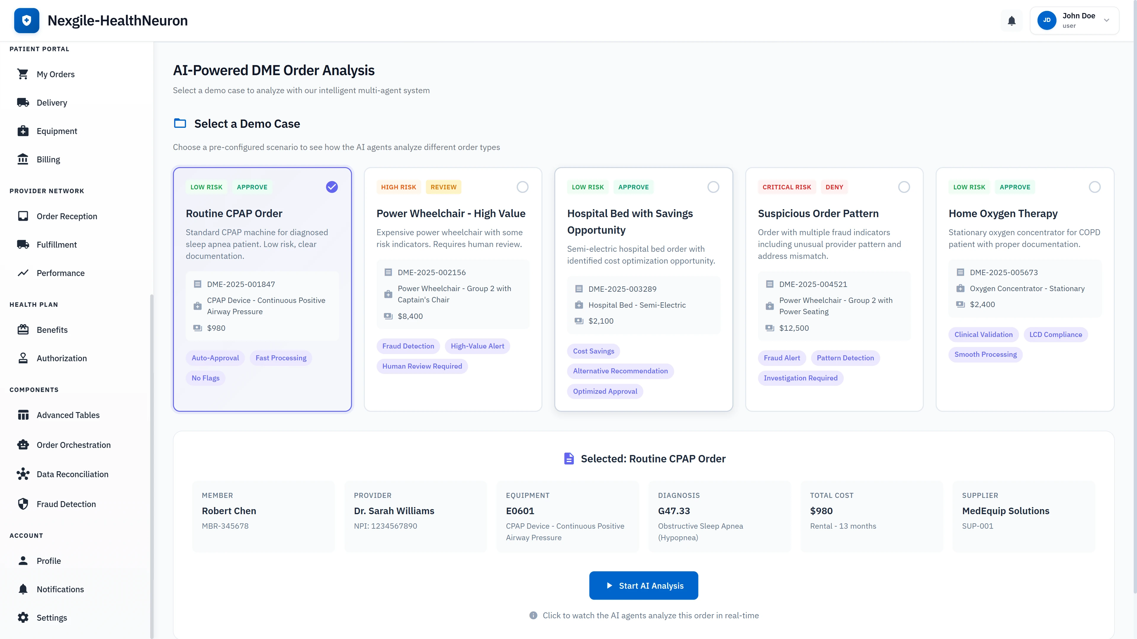Order analysis demo selection interface presenting 5 pre-configured scenarios including routine approvals, high-risk reviews, cost optimization opportunities, and critical fraud cases with detailed member and provider information