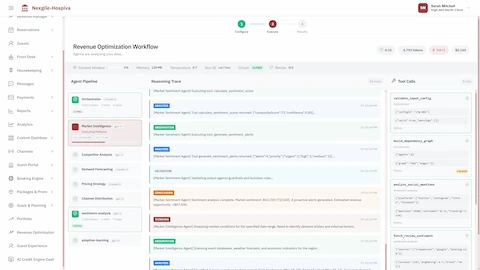 Revenue optimization workflow execution with agent pipeline, real-time reasoning traces, and tool invocation monitoring
