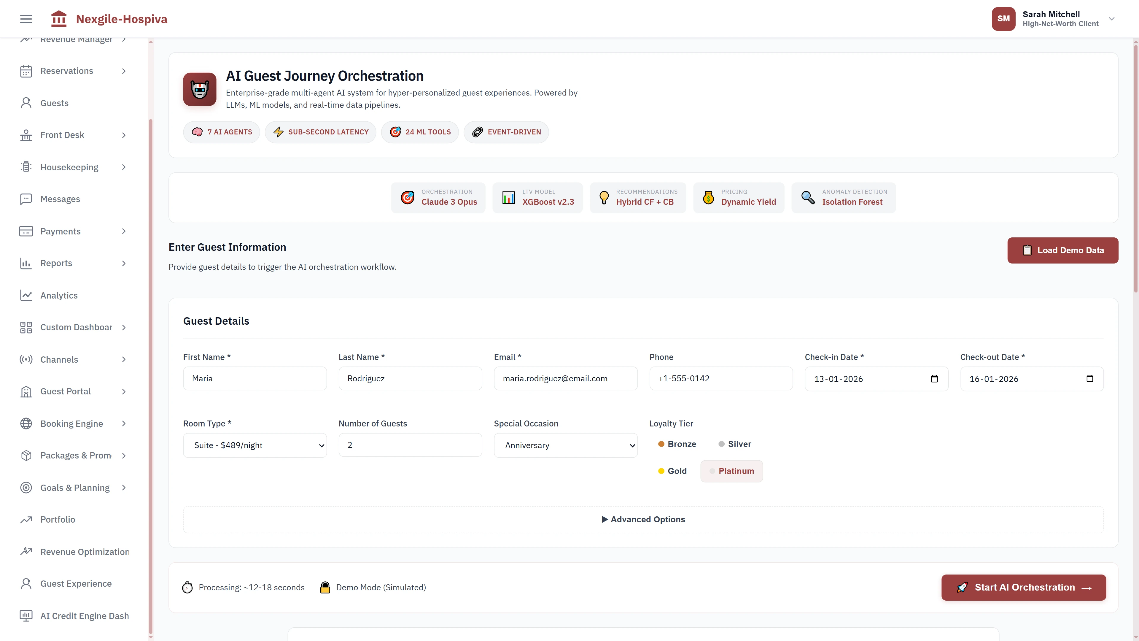Guest journey orchestration input form with 7 AI agents, ML model architecture, and guest booking details for personalized experience generation