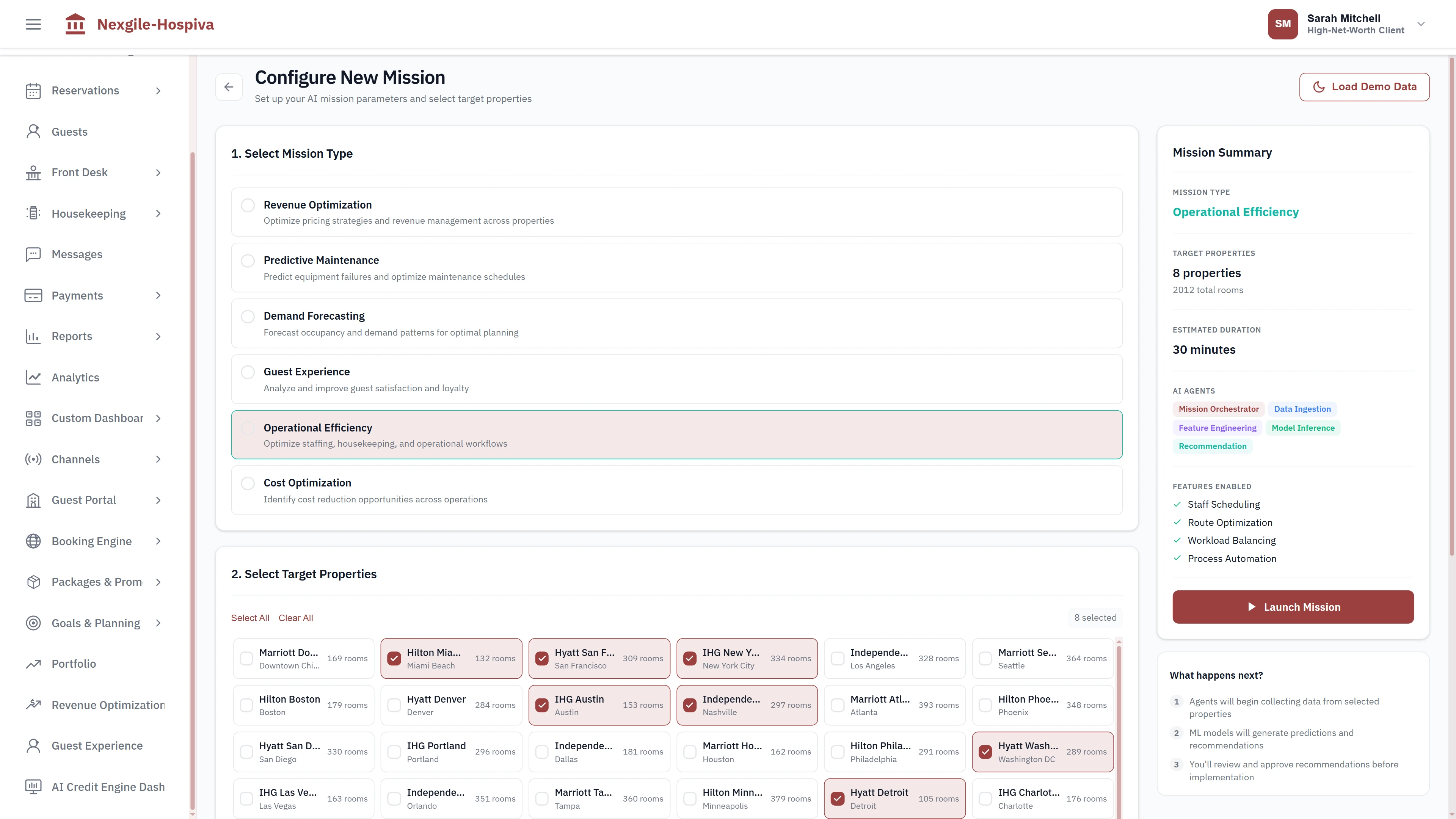 Mission configuration interface for selecting operation type, target properties across portfolio, and AI agent features for enterprise analysis