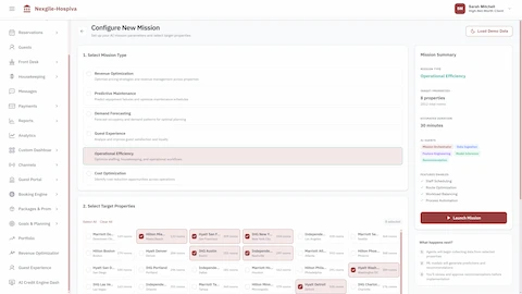 Mission configuration interface for selecting operation type, target properties across portfolio, and AI agent features for enterprise analysis