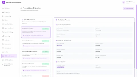 Application selection interface displaying preset business profiles with approval likelihood indicators, business information preview, financial details, and loan request parameters for the multi-agent enterprise decision system