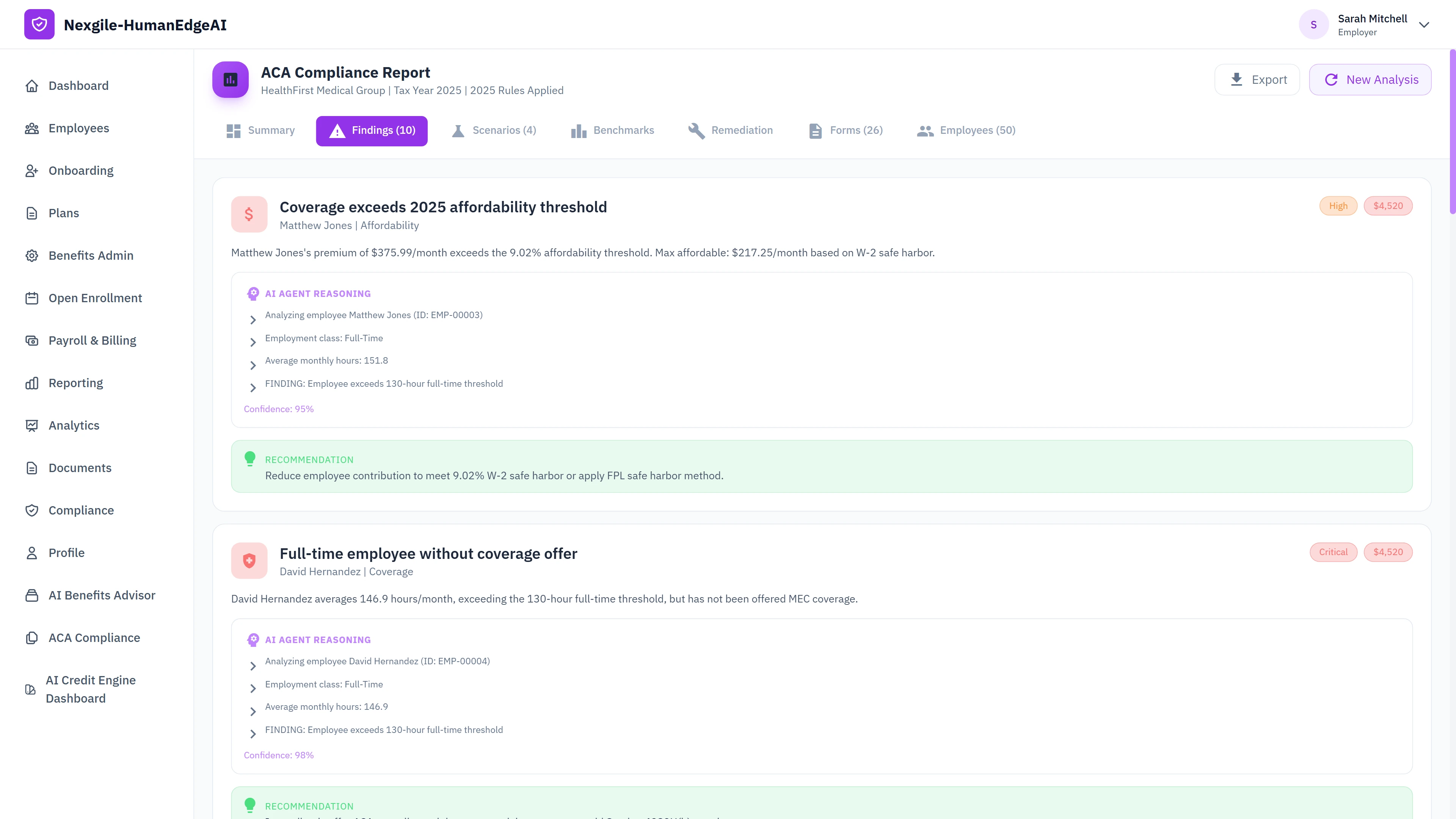 Compliance findings detail view showing specific violations with AI agent reasoning traces, including affordability threshold exceedances and full-time employees without coverage offers, with confidence scores and actionable remediation recommendations for each finding