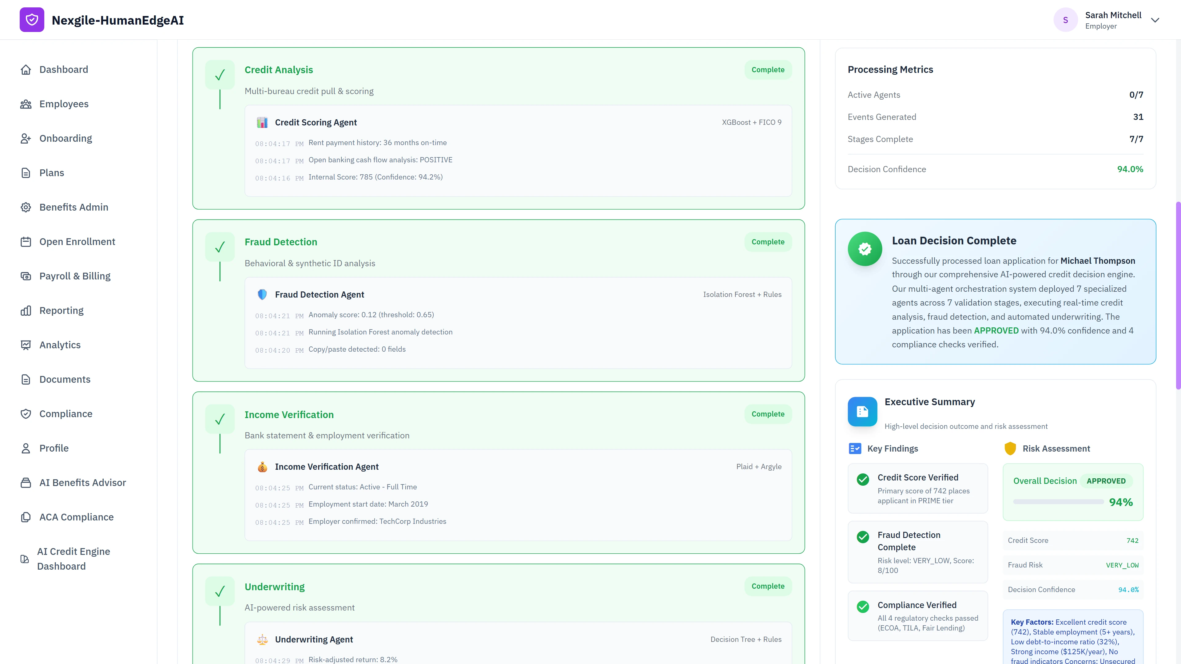 Comprehensive processing results view showing completed Credit Analysis, Fraud Detection, Income Verification, and Underwriting stages with detailed agent logs, processing metrics (7/7 stages complete, 94% decision confidence), executive summary with key findings, and tool invocations trace for full audit trail transparency