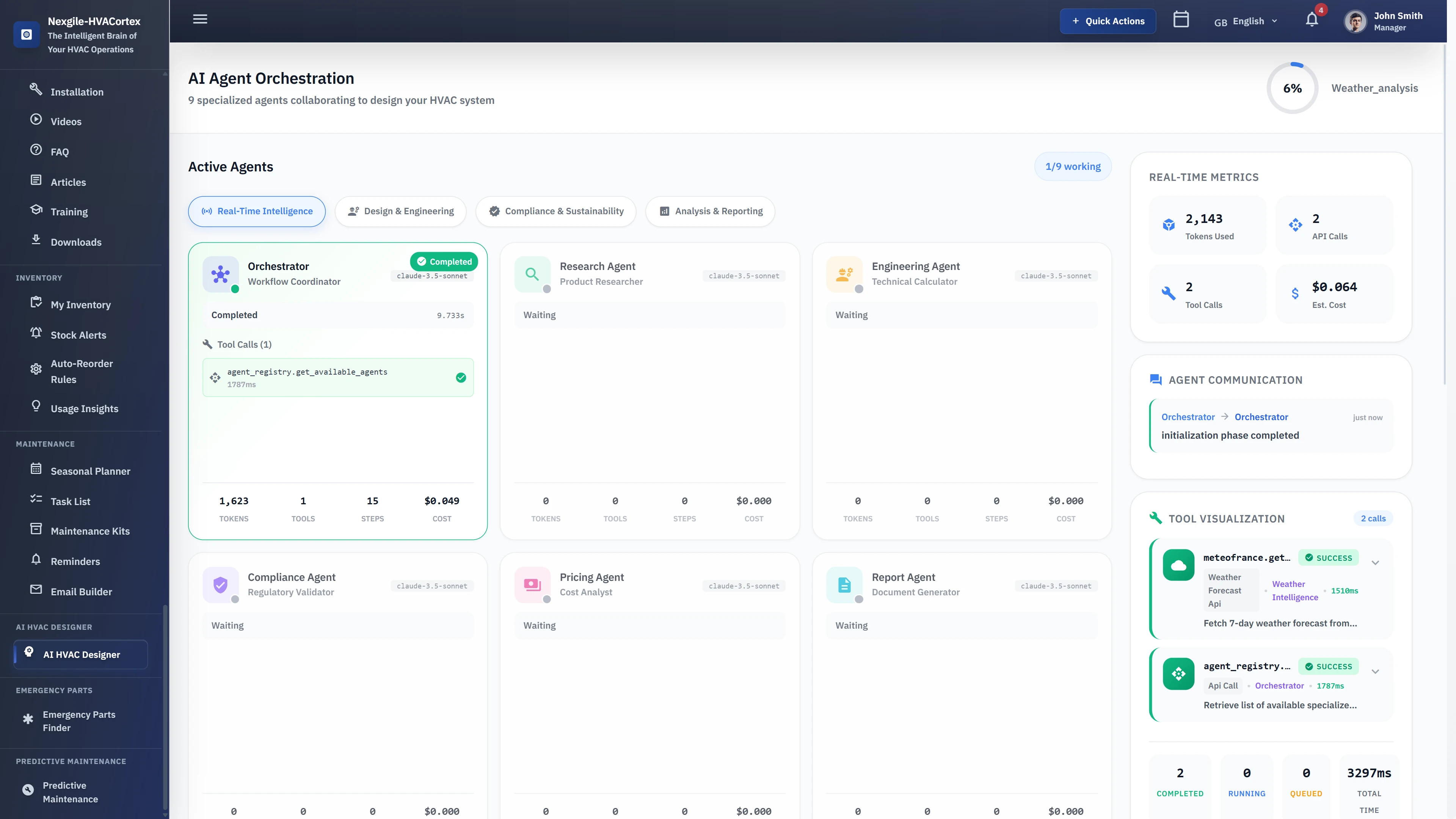 AI Agent Orchestration - Real-time visualization of 9 specialized agents collaborating with metrics, API calls, and tool execution status