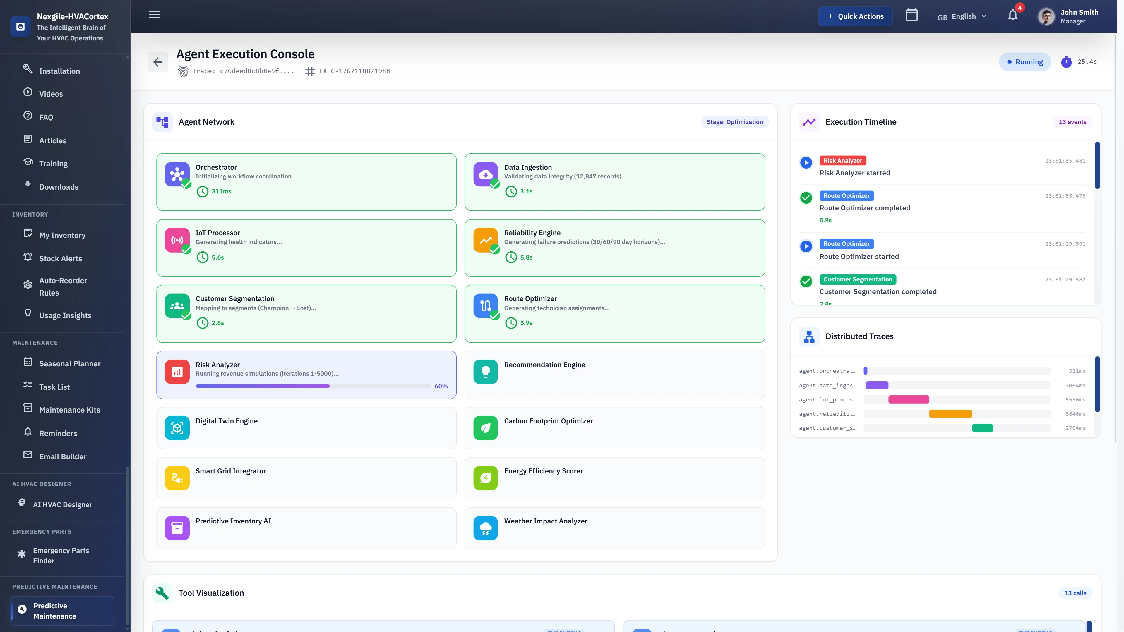 Agent Execution Console - Real-time network visualization of 14 specialized agents with execution timeline and distributed traces
