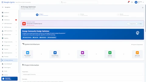 Energy Community Design Optimizer - System architecture overview with 5 specialized agents for REC optimization workflow