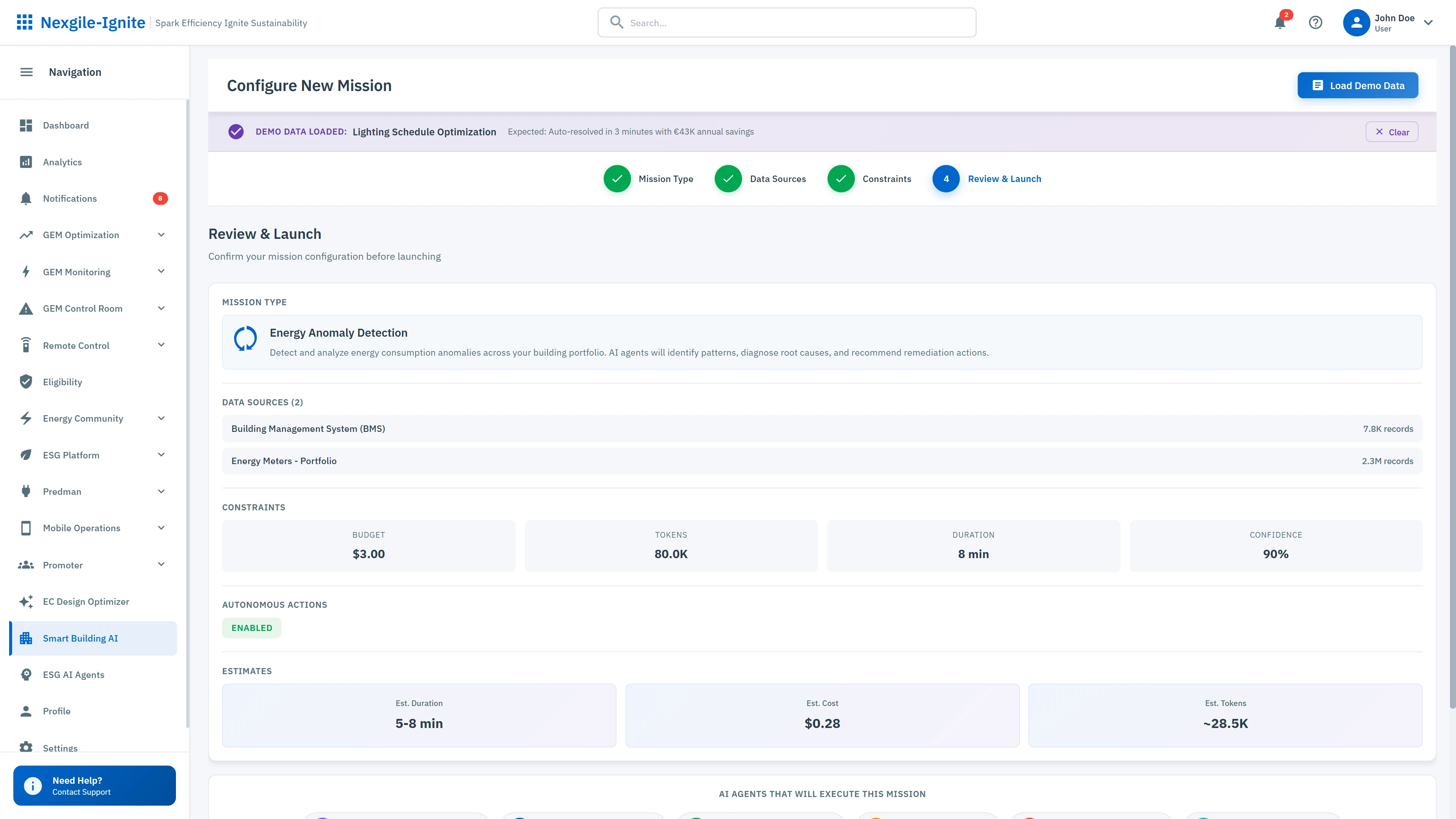 Mission Configuration Interface - Configure energy anomaly detection missions with data sources, constraints, and autonomous action settings