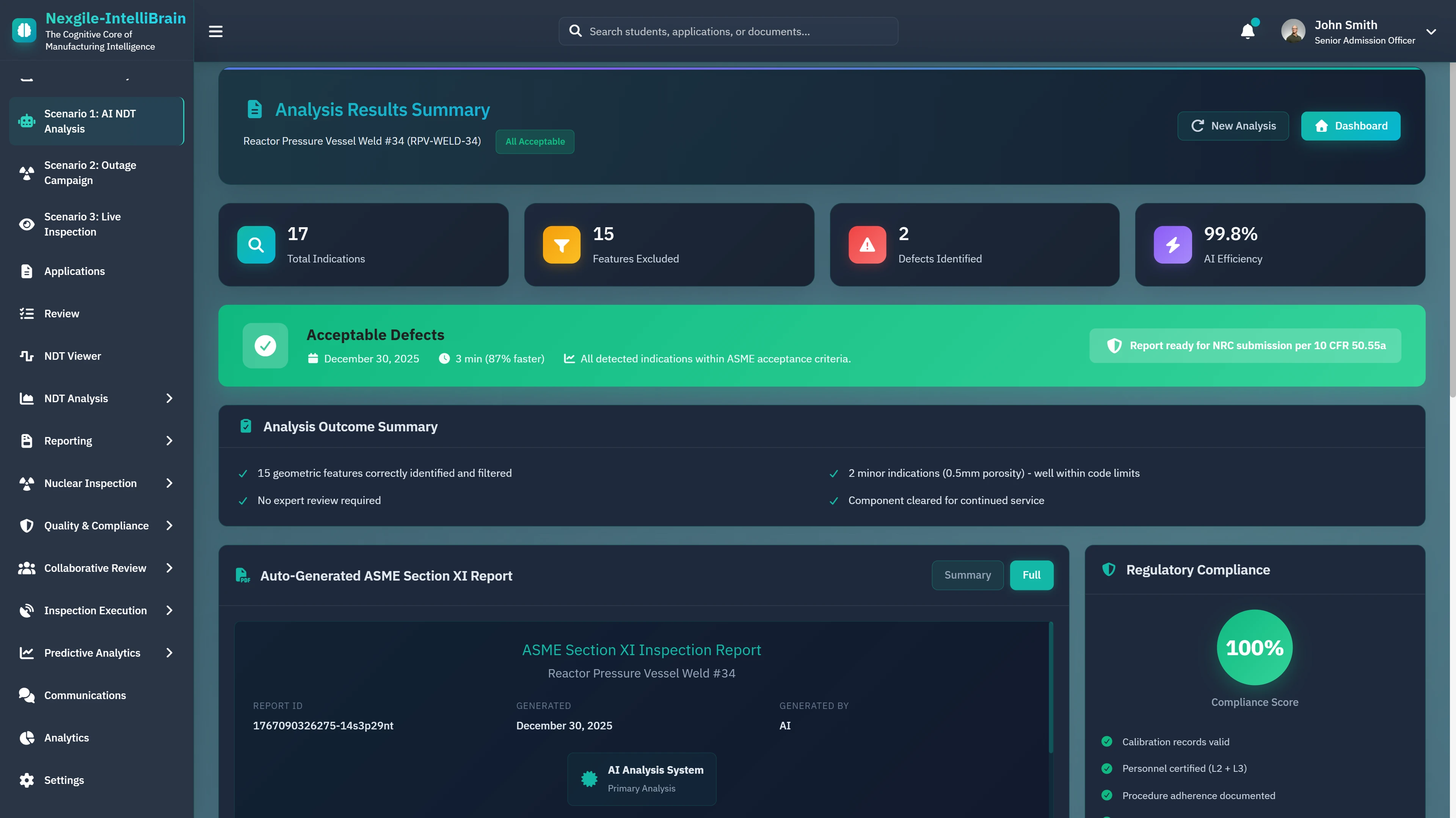 Analysis Results Summary - Defect classification results showing 17 total indications, 15 features excluded, 2 defects identified with 99.8% AI efficiency and ASME Section XI compliance