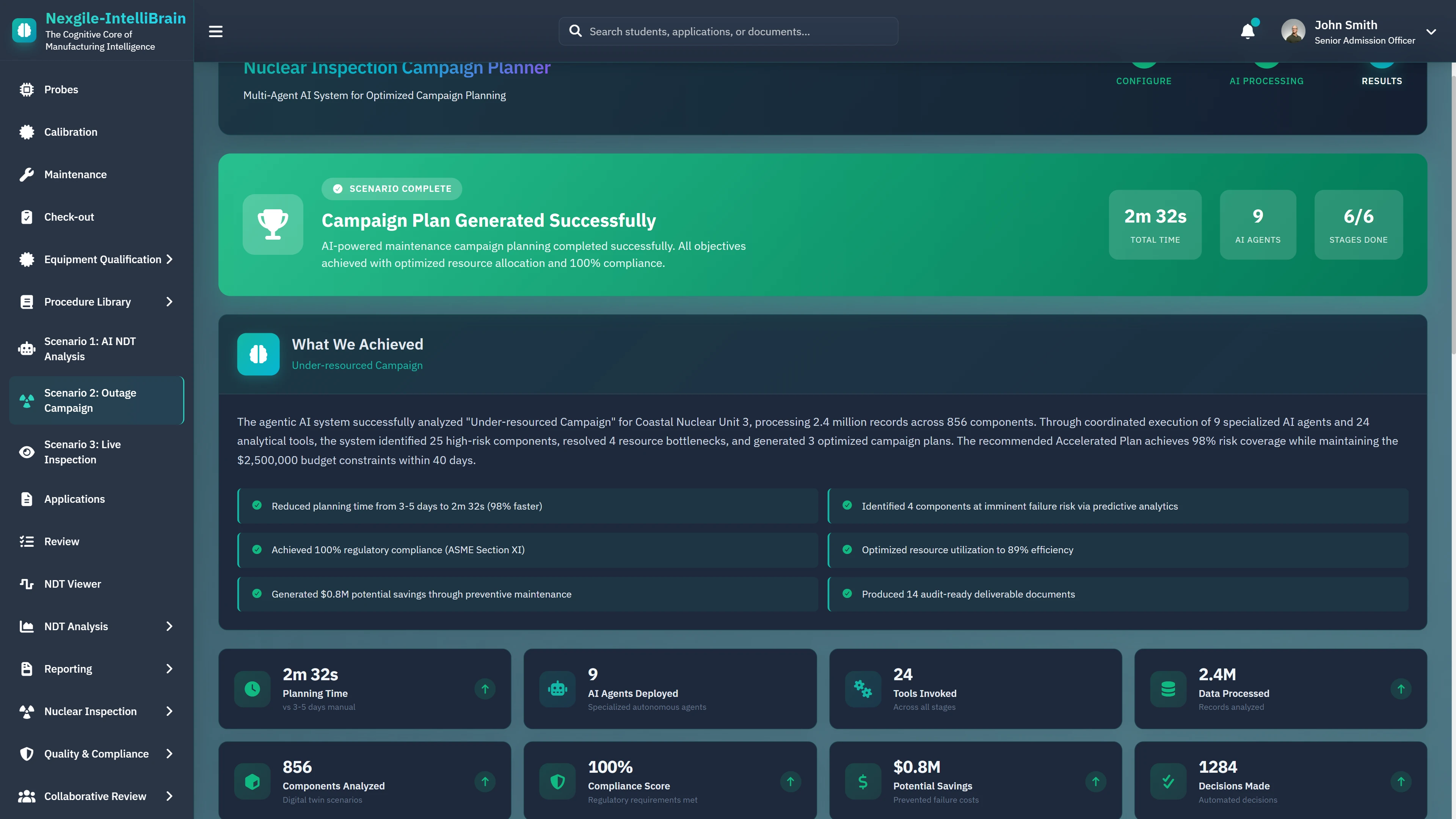 Campaign Plan Generated Successfully - AI-powered planning completed in 2m 32s, analyzing 856 components with 100% compliance score, $0.5M potential savings, and 1284 decisions made