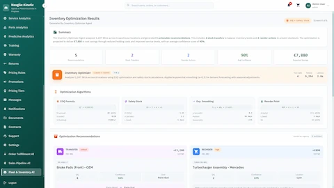 Inventory Optimization Results - EOQ calculations, safety stock recommendations, and automated procurement suggestions with projected savings
