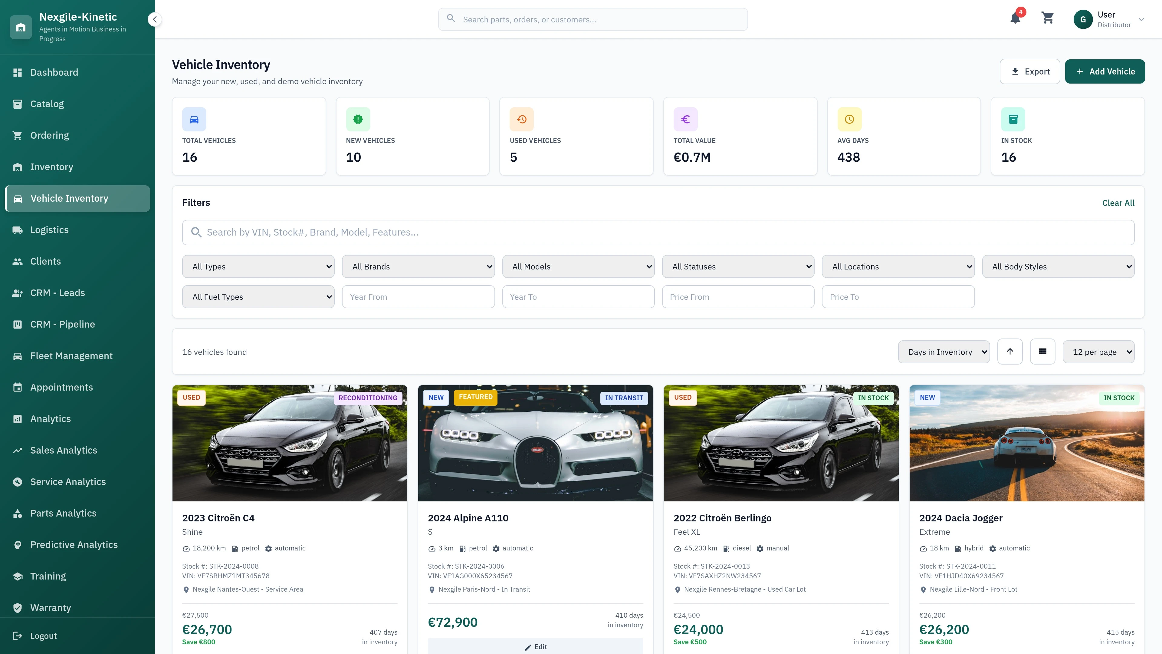 Vehicles Page - Multi-brand vehicle inventory management