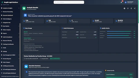 Analysis Results Dashboard - AI-generated report displaying data lineage from Elite 3E and Aderant Expert, model performance metrics, quality scores (97% factual accuracy), and partner realization analysis with executive summary