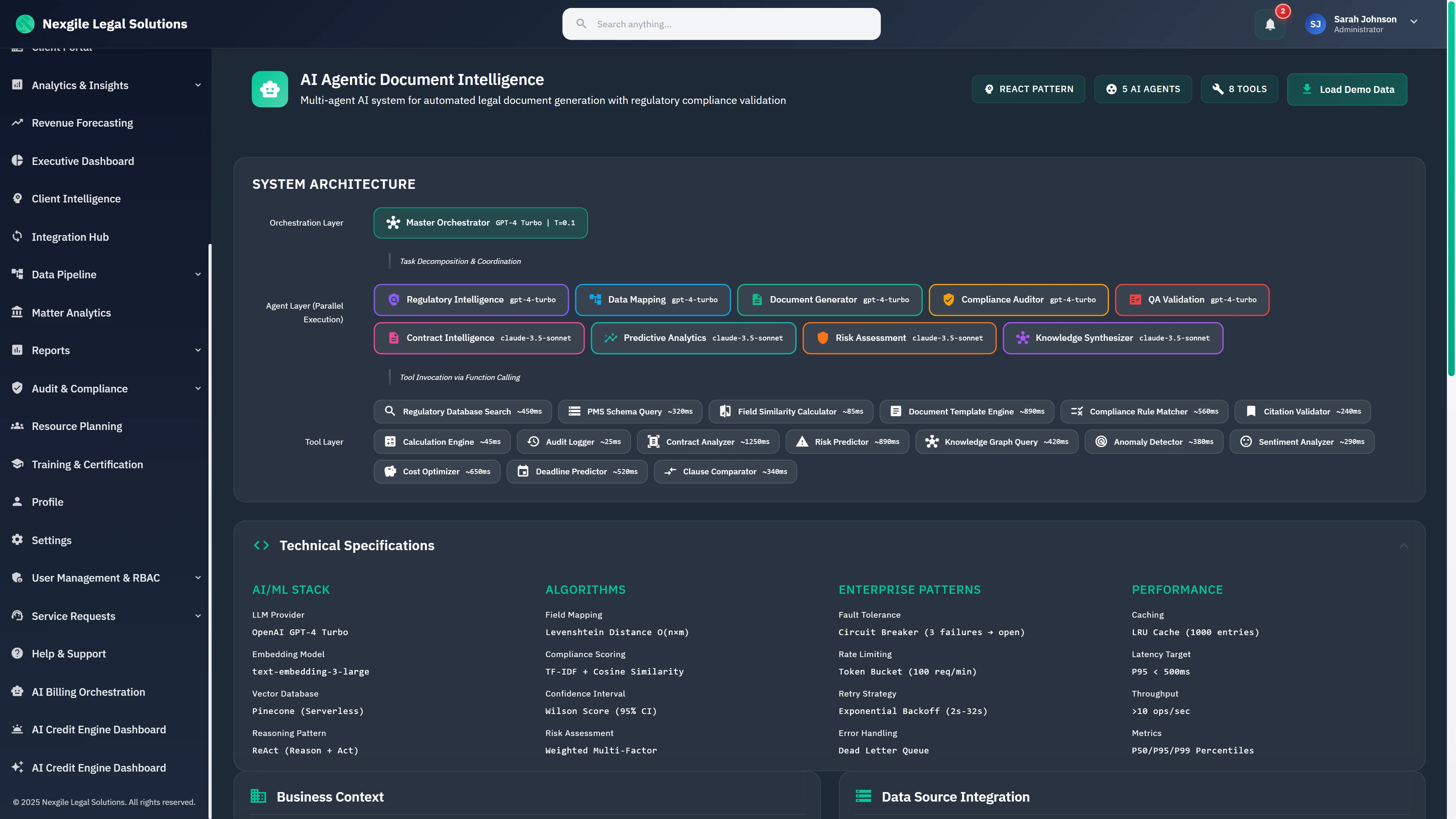 System Architecture Overview - Multi-agent AI document intelligence framework displaying Master Orchestrator, 10 specialized agents (Regulatory Intelligence, Data Mapping, Document Generator, Compliance Auditor, QA Validation, Contract Intelligence, Predictive Analytics, Risk Assessment, Knowledge Synthesizer), tool layer with 16 function-calling tools, and technical specifications for AI/ML stack, algorithms, enterprise patterns, and performance metrics