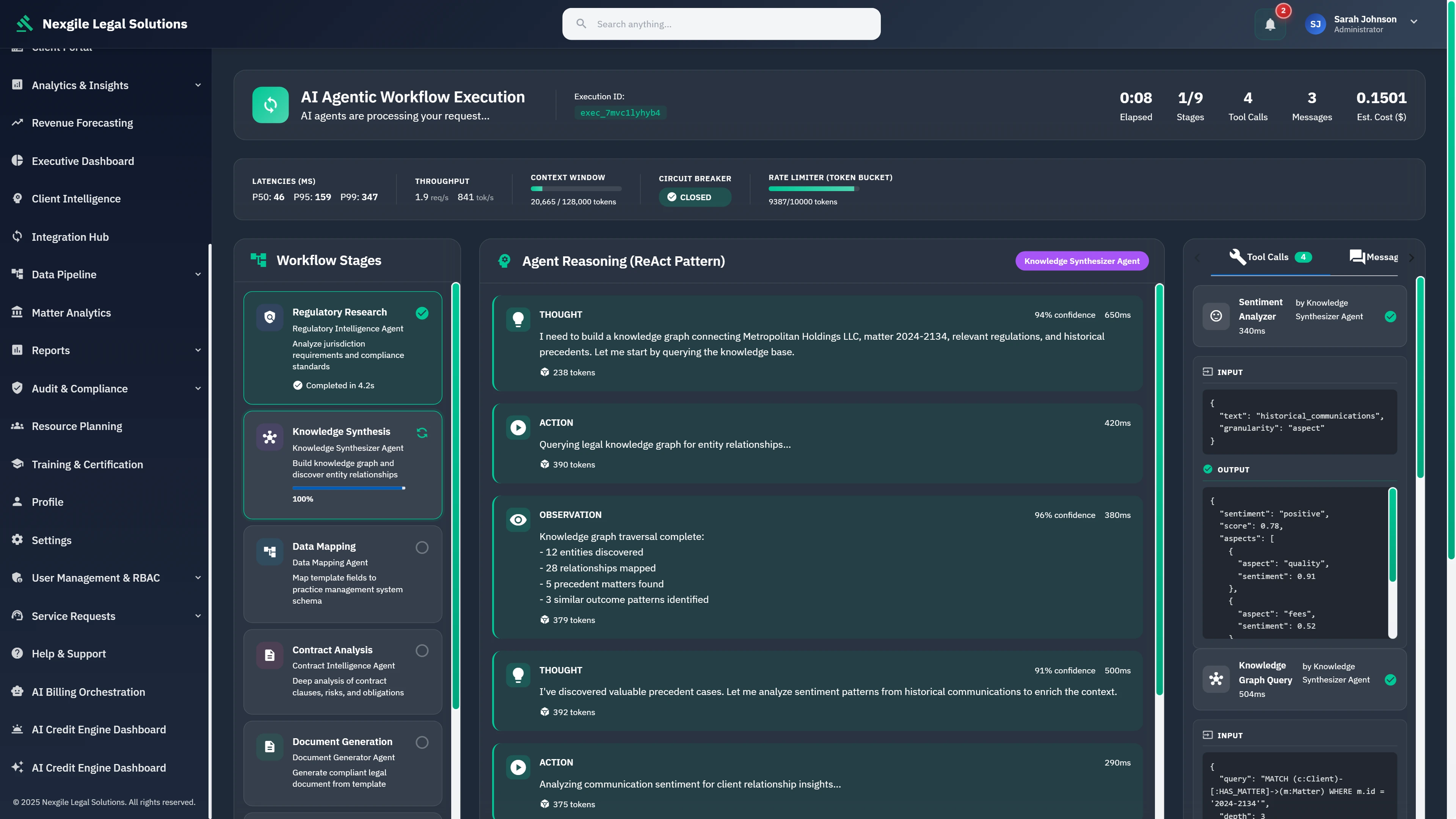 Workflow Execution Visualization - Real-time agent orchestration showing 9-stage pipeline progress, Knowledge Synthesizer Agent demonstrating ReAct reasoning pattern with THOUGHT-ACTION-OBSERVATION cycles, live tool calls for Sentiment Analyzer and Knowledge Graph Query, execution metrics including latencies, throughput, context window usage, and token consumption tracking