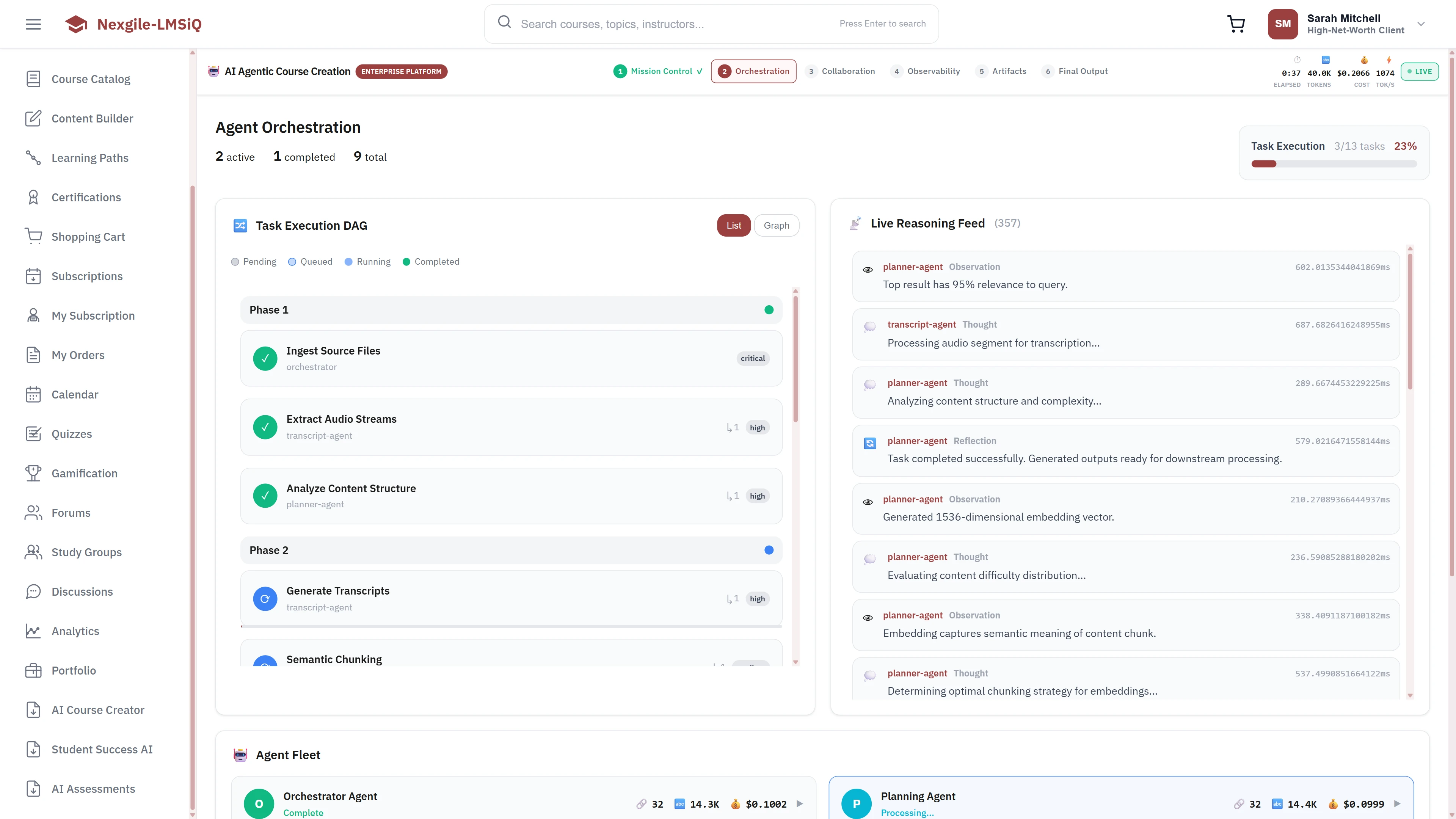 Agent Orchestration - Task Execution DAG with phased workflow, live reasoning feed showing agent thoughts and actions, and Agent Fleet status panel