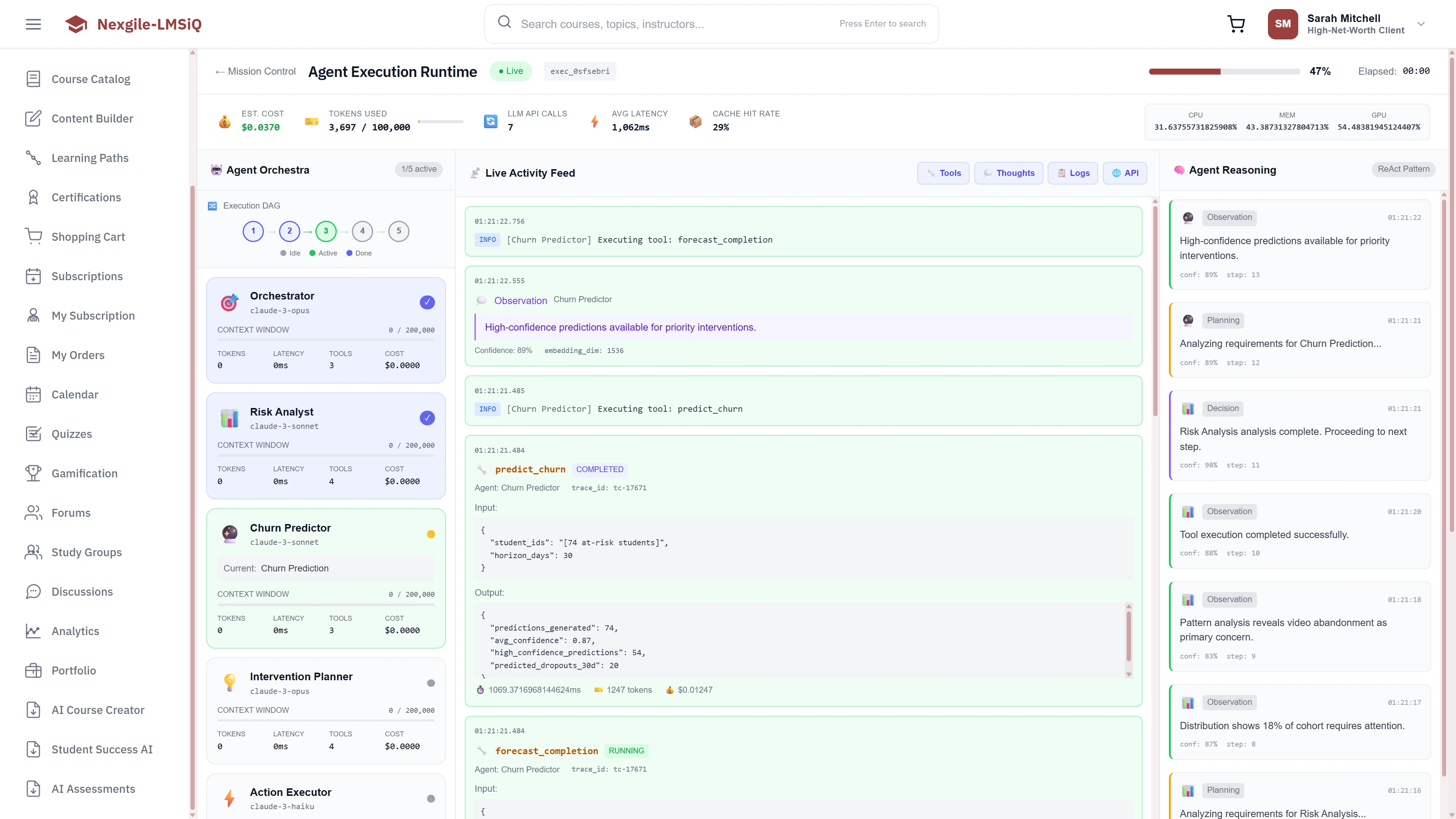 Agent Execution Runtime - Agent Orchestra with live activity feed, real-time code execution, and Agent Reasoning panel showing analysis progress
