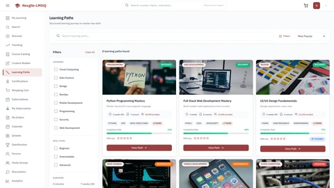 Learning Paths screen showing structured course progression and personalized learning dashboard