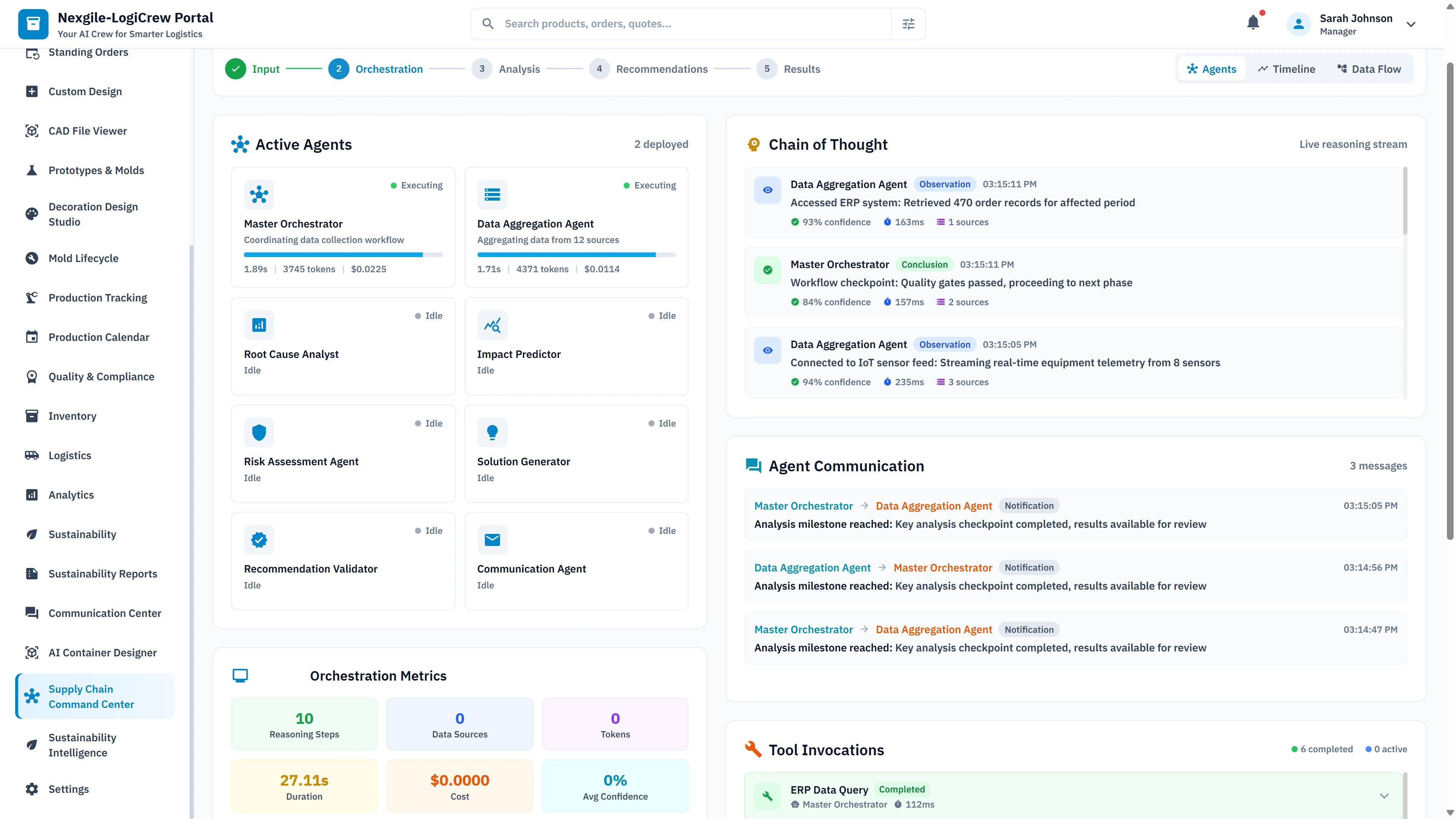 Active agents dashboard showing 8 specialized agents with orchestration metrics, chain-of-thought reasoning panel, and real-time agent communication logs