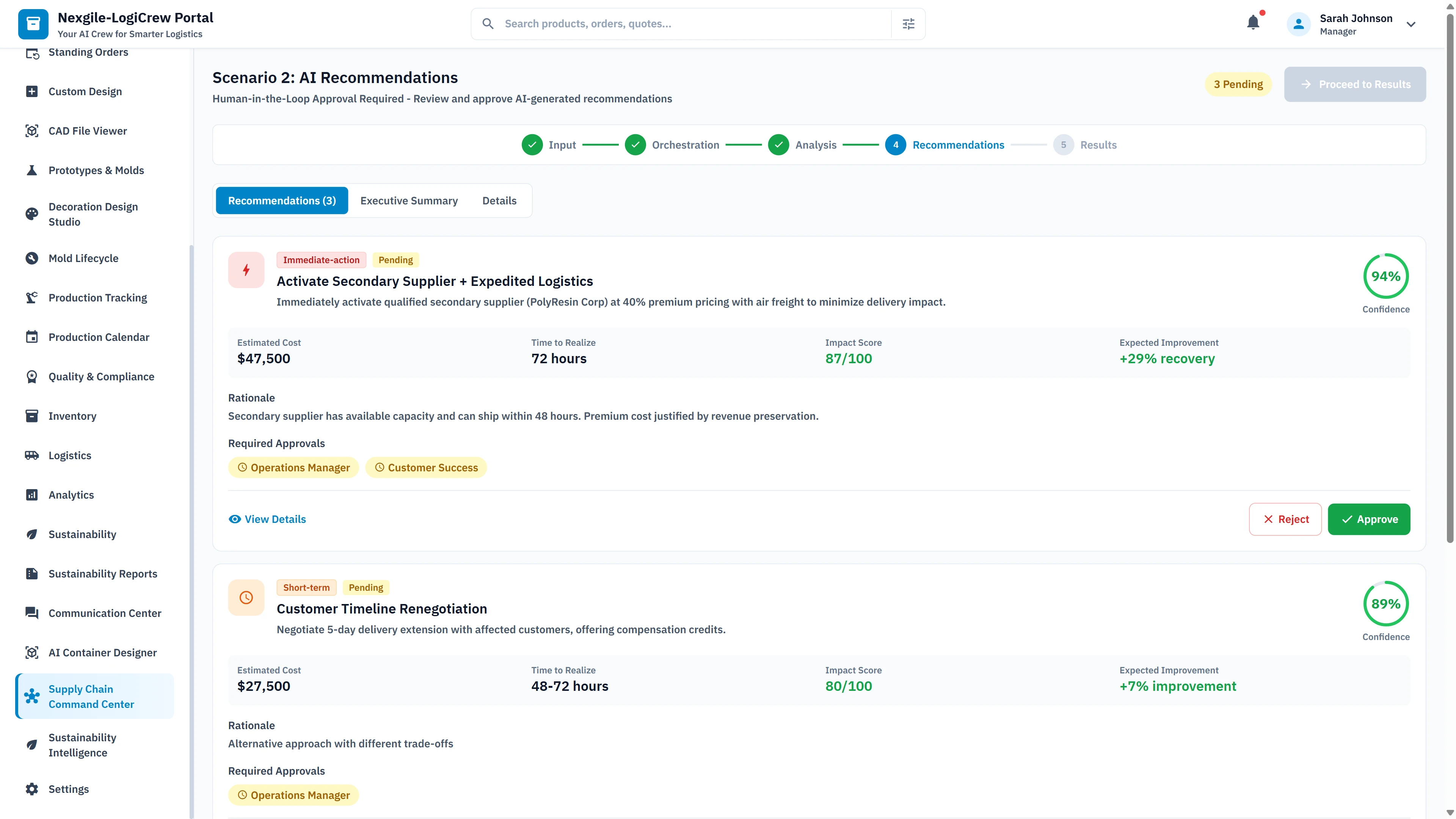 AI Recommendations panel with Human-in-the-Loop approval workflow displaying actionable recommendations with cost, time-to-resolve, and expected improvement metrics