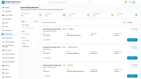 Custom Requests page - B2B portal for managing custom container requests