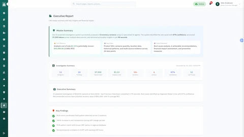 Executive Report with ROI analysis, key findings, and actionable recommendations for variance resolution