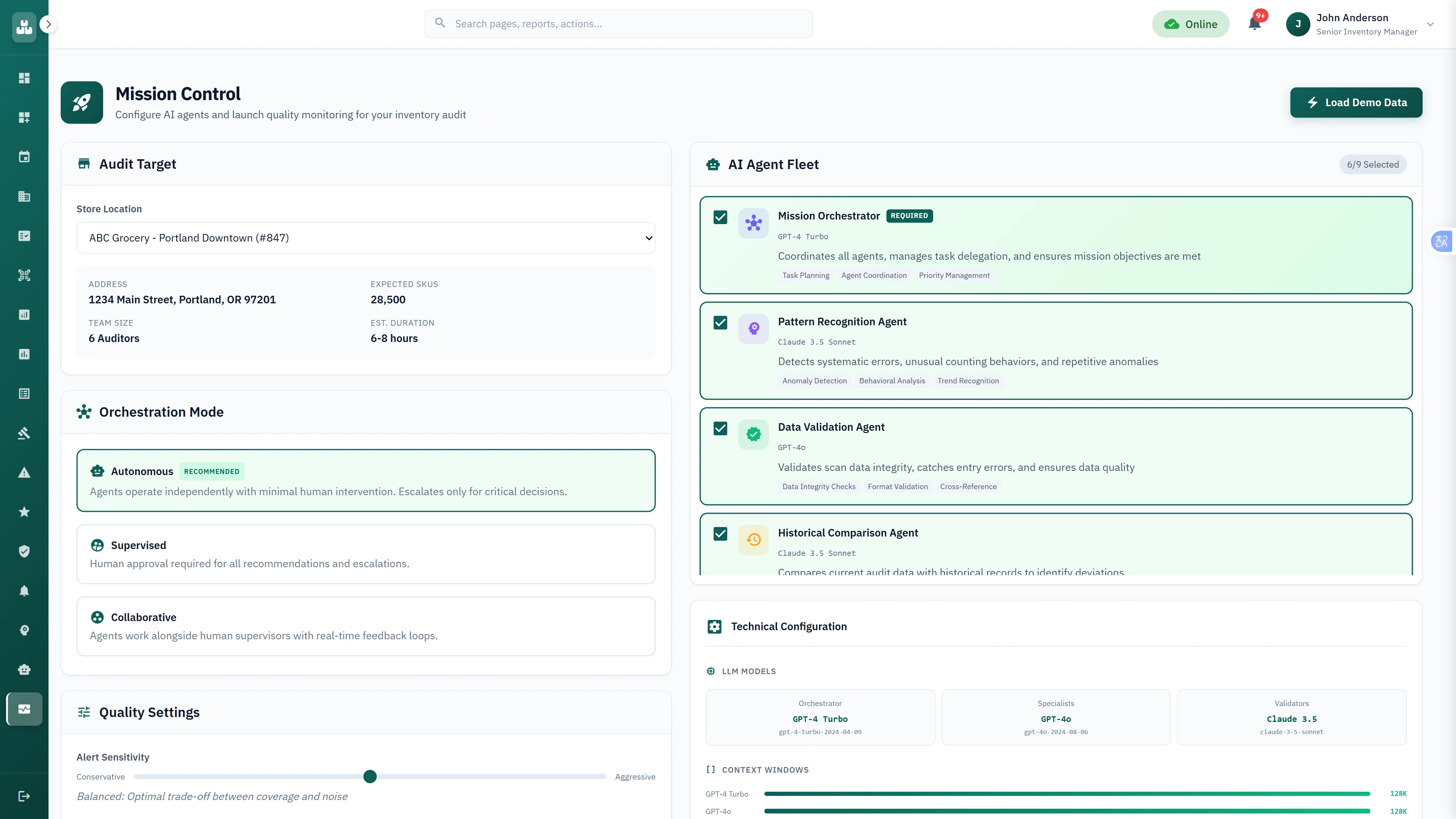 Mission Control setup interface for configuring AI agent fleet and orchestration mode for quality monitoring