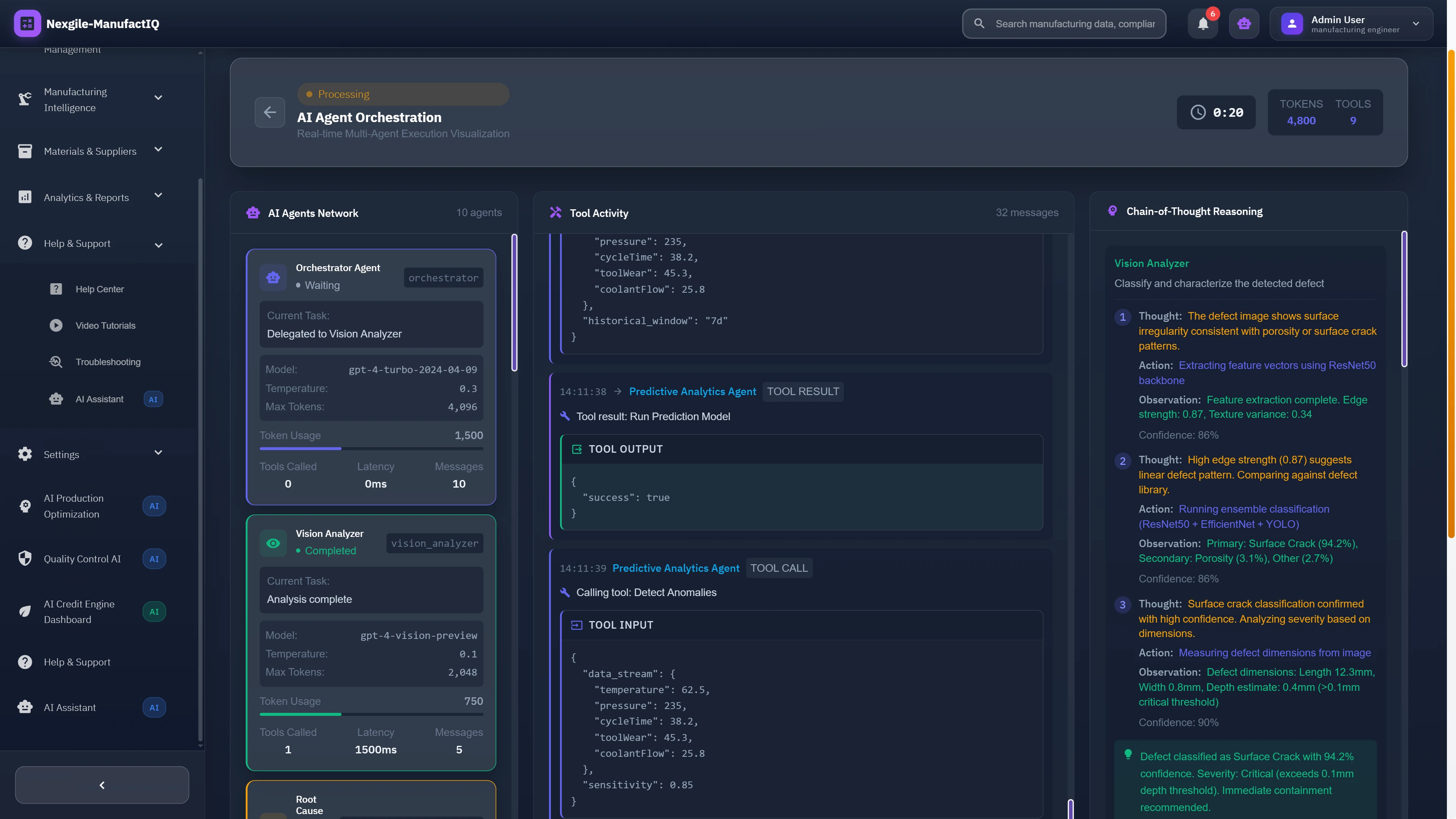 Real-time agent orchestration view showing AI agents collaborating with chain-of-thought reasoning, tool activity, and defect classification analysis in progress