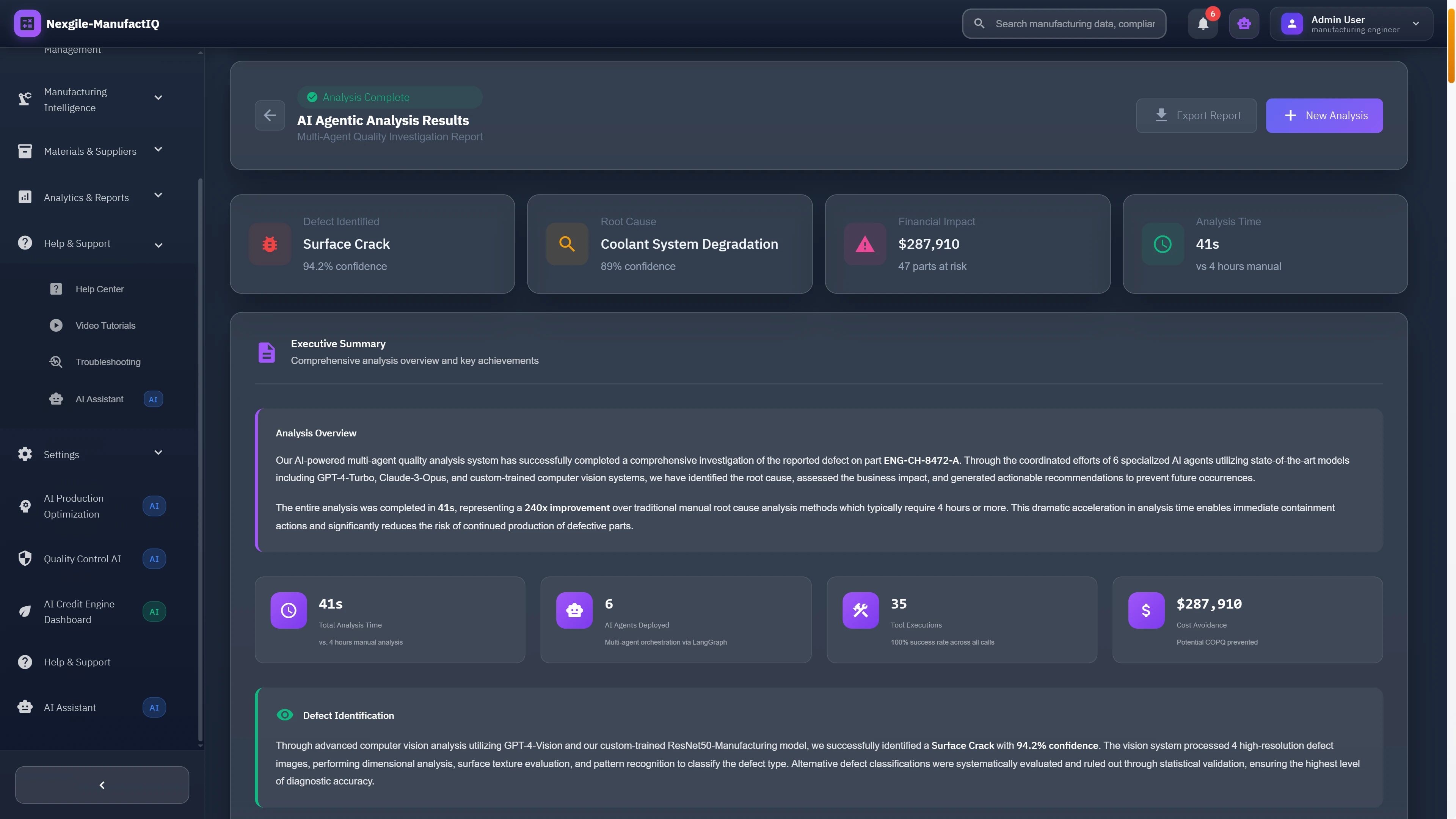Comprehensive analysis results presenting defect identification, root cause determination, financial impact assessment, and actionable recommendations with high confidence scores