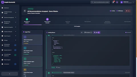 Live mission execution view showing coordinated agent fleet activity with data ingestion, carbon calculation, and supply chain analysis running in parallel with real-time output streams