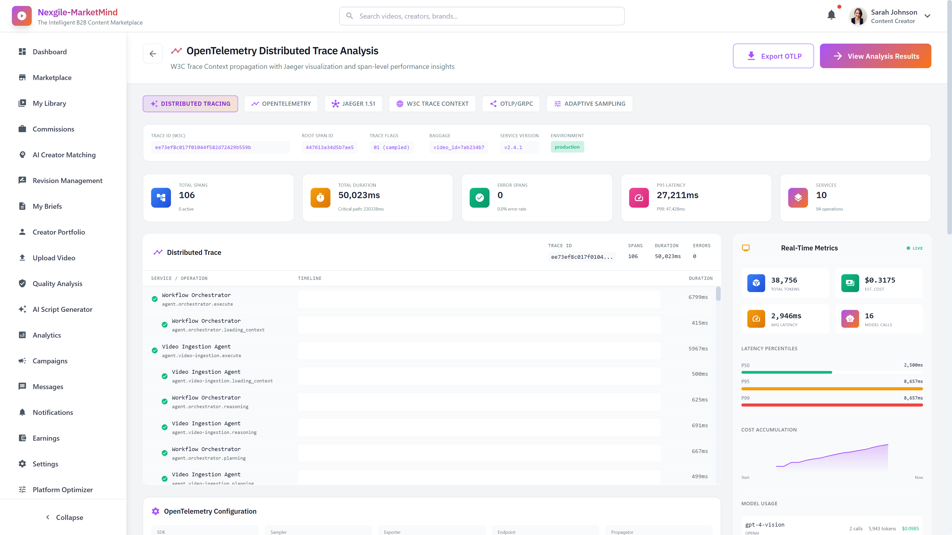 OpenTelemetry Distributed Trace Analysis - W3C trace context propagation with Jaeger visualization and span-level performance insights