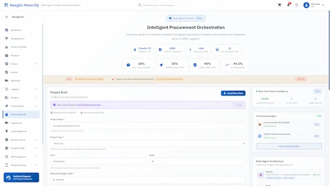 Project briefing with sustainability targets, budget constraints, and multi-agent insights for procurement decision-making