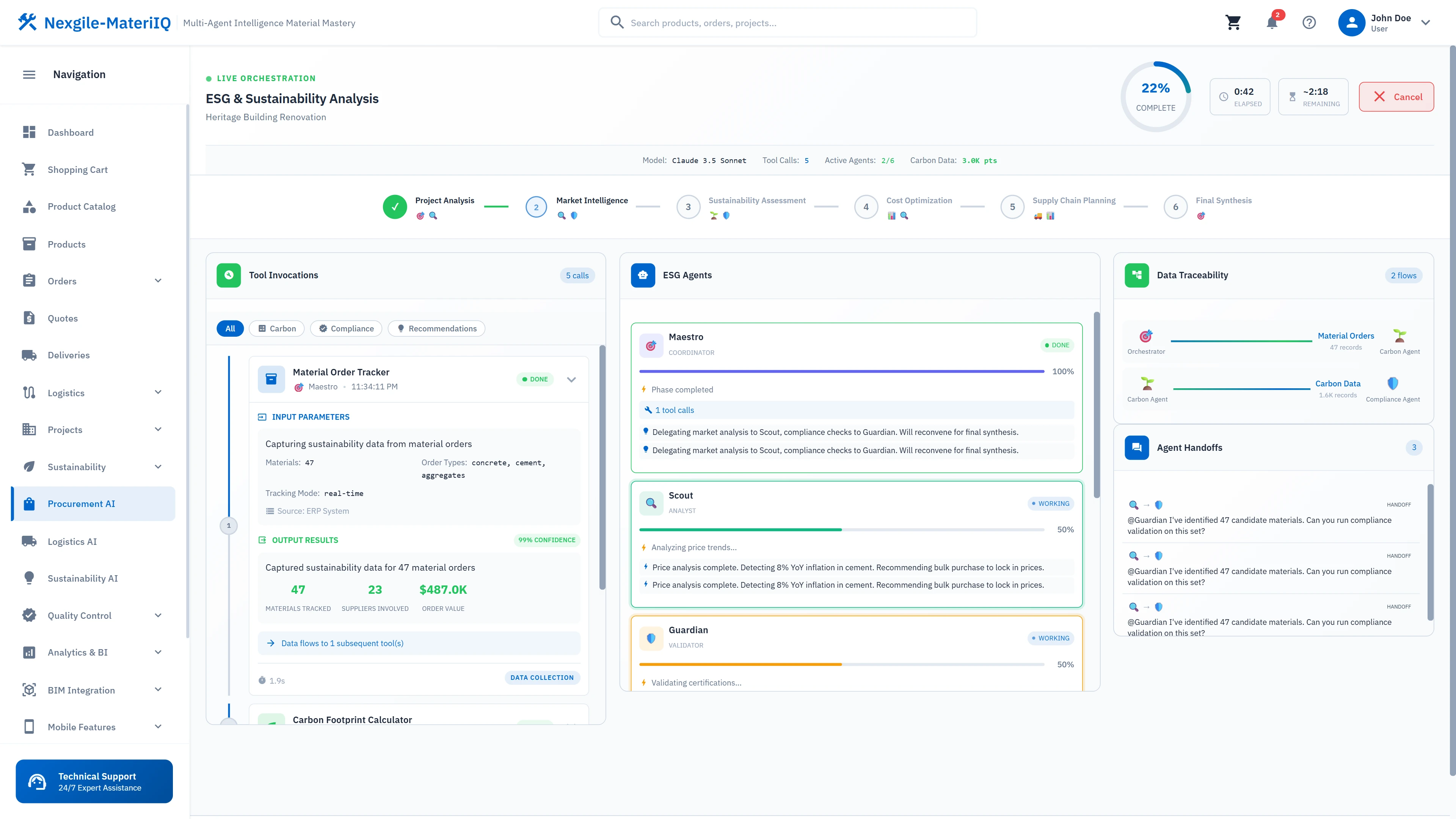 ESG and sustainability analysis dashboard showing carbon footprint metrics, certifications, and agent recommendations