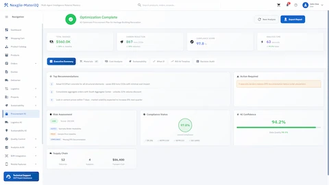 AI-generated procurement recommendations with cost savings, compliance scores, and transparent decision rationale
