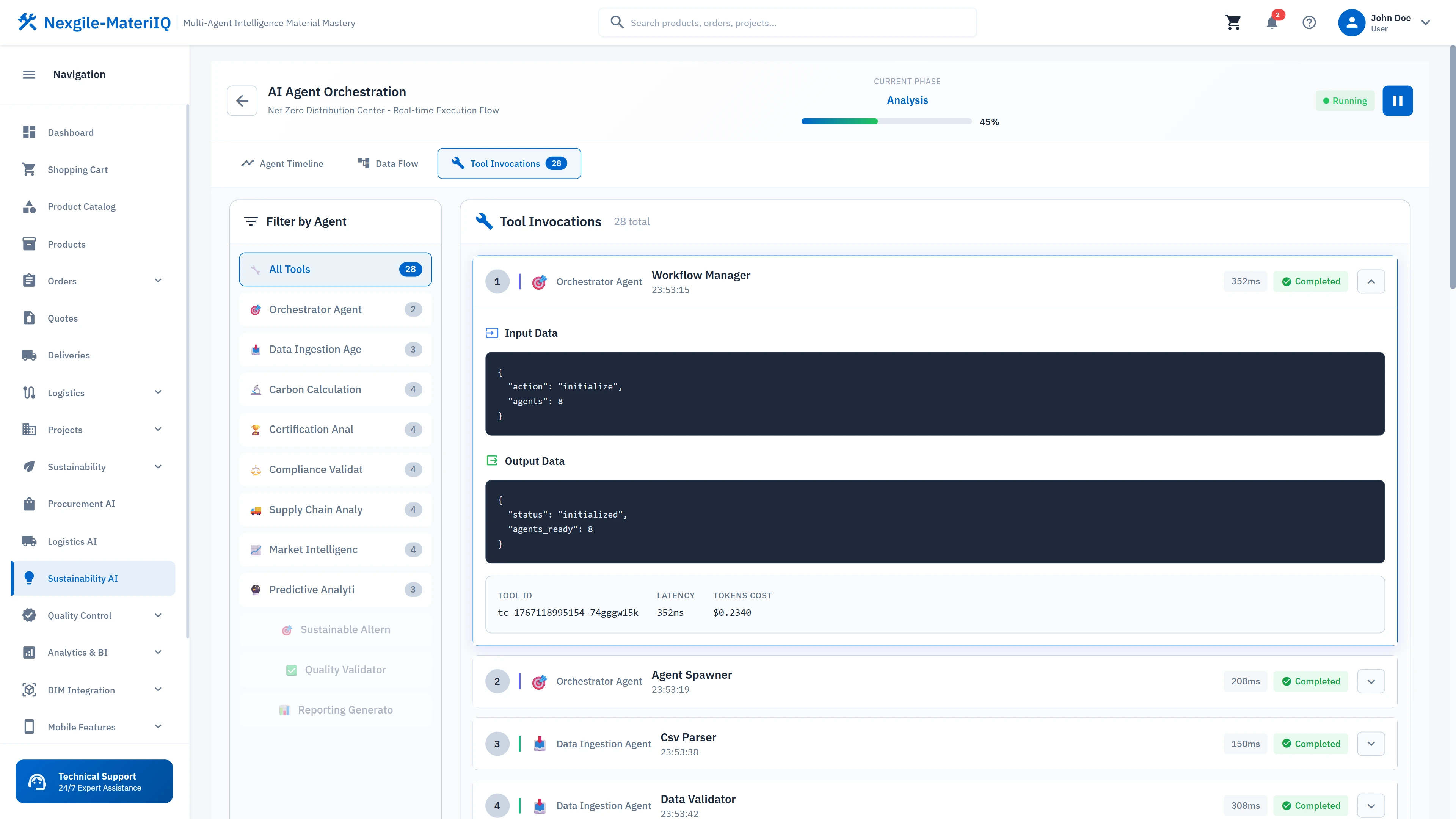 Tool invocation tracking with input/output data, execution metrics, and agent workflow transparency